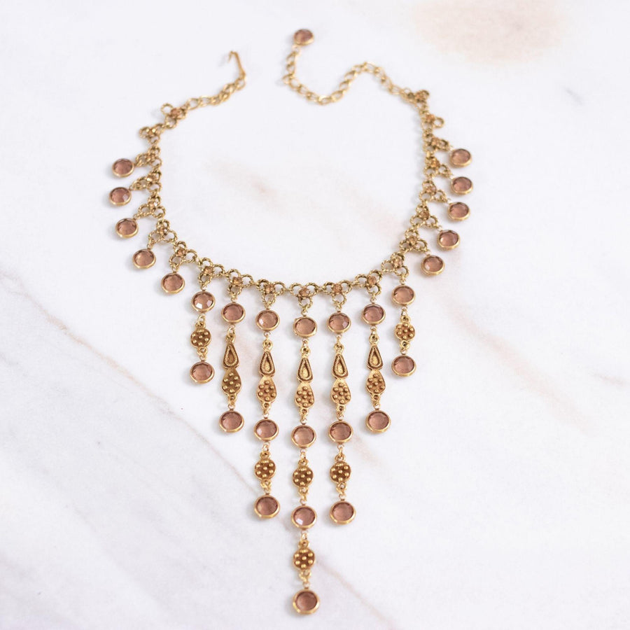 Vintage Unsigned Goldette Smokey Topaz Bezel Set Crystal Bib Necklace by Unsigned Goldette - Vintage Meet Modern Vintage Jewelry - Chicago, Illinois - #oldhollywoodglamour #vintagemeetmodern #designervintage #jewelrybox #antiquejewelry #vintagejewelry