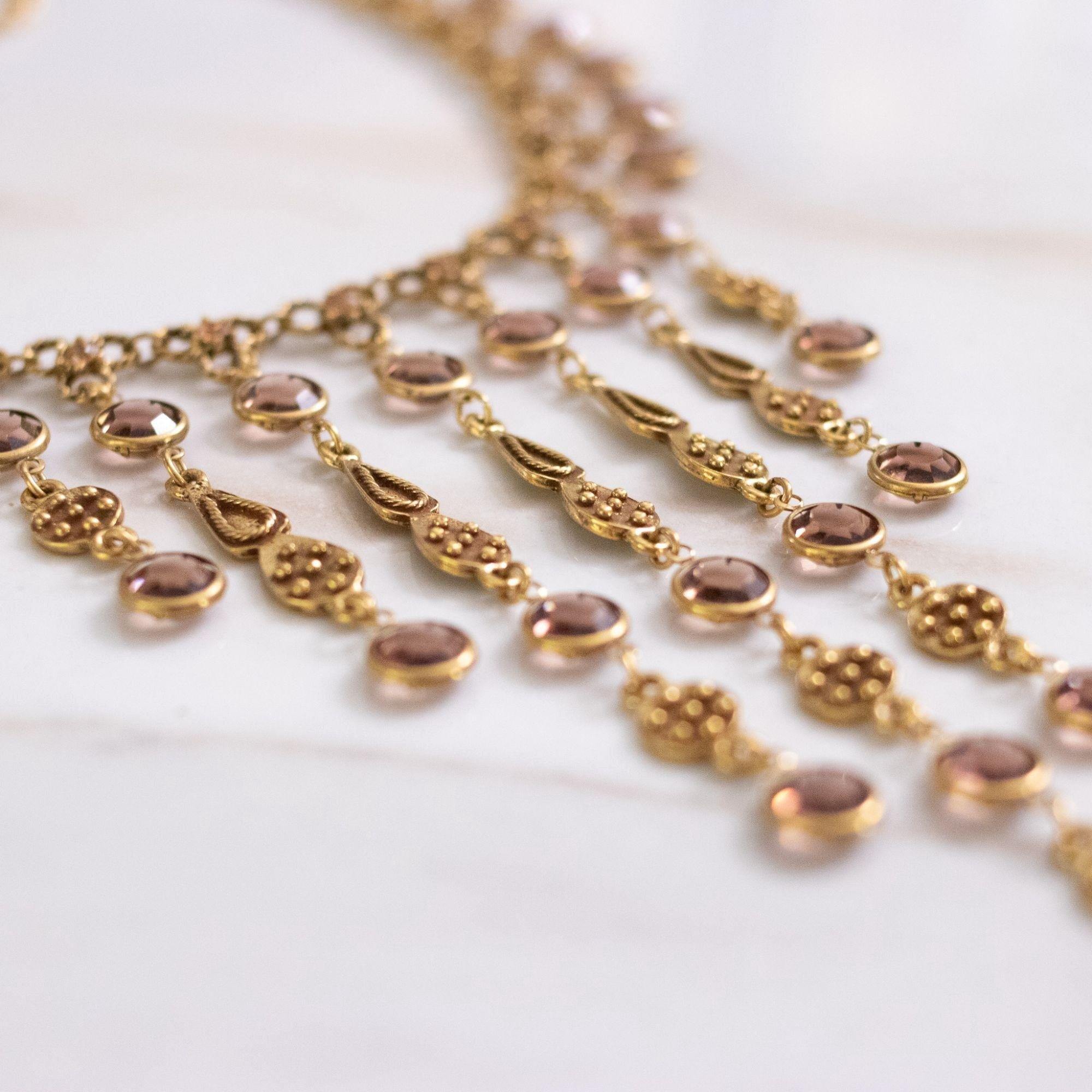 Vintage Unsigned Goldette Smokey Topaz Bezel Set Crystal Bib Necklace by Unsigned Goldette - Vintage Meet Modern Vintage Jewelry - Chicago, Illinois - #oldhollywoodglamour #vintagemeetmodern #designervintage #jewelrybox #antiquejewelry #vintagejewelry