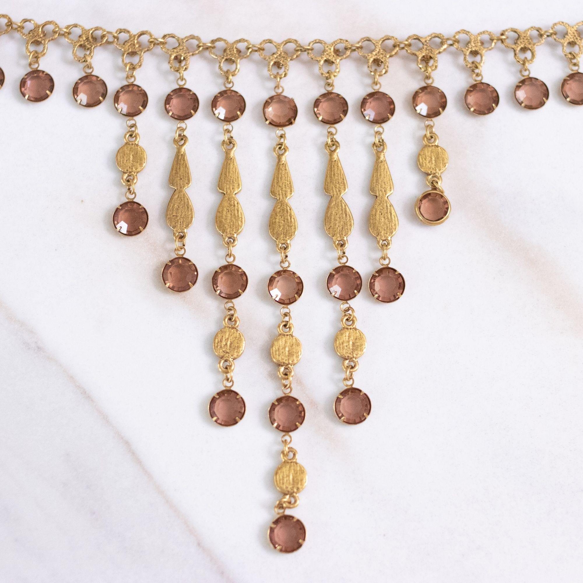 Vintage Unsigned Goldette Smokey Topaz Bezel Set Crystal Bib Necklace by Unsigned Goldette - Vintage Meet Modern Vintage Jewelry - Chicago, Illinois - #oldhollywoodglamour #vintagemeetmodern #designervintage #jewelrybox #antiquejewelry #vintagejewelry