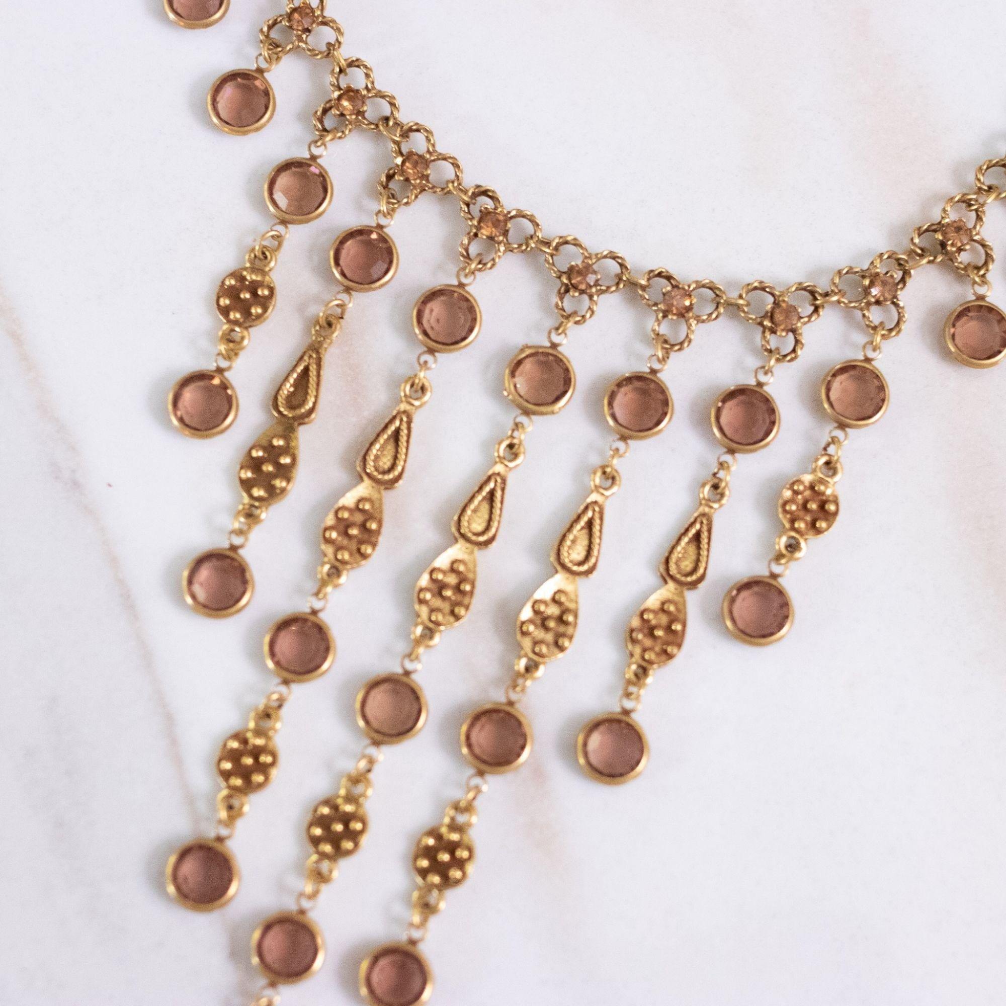 Vintage Unsigned Goldette Smokey Topaz Bezel Set Crystal Bib Necklace by Unsigned Goldette - Vintage Meet Modern Vintage Jewelry - Chicago, Illinois - #oldhollywoodglamour #vintagemeetmodern #designervintage #jewelrybox #antiquejewelry #vintagejewelry