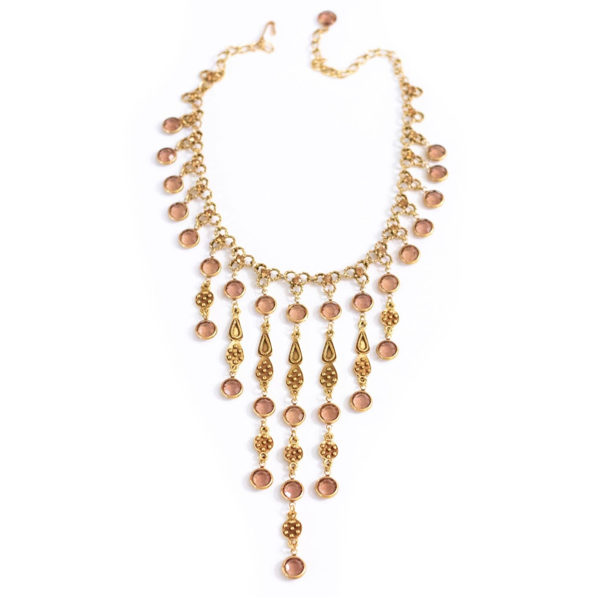 Vintage Unsigned Goldette Smokey Topaz Bezel Set Crystal Bib Necklace by Unsigned Goldette - Vintage Meet Modern Vintage Jewelry - Chicago, Illinois - #oldhollywoodglamour #vintagemeetmodern #designervintage #jewelrybox #antiquejewelry #vintagejewelry