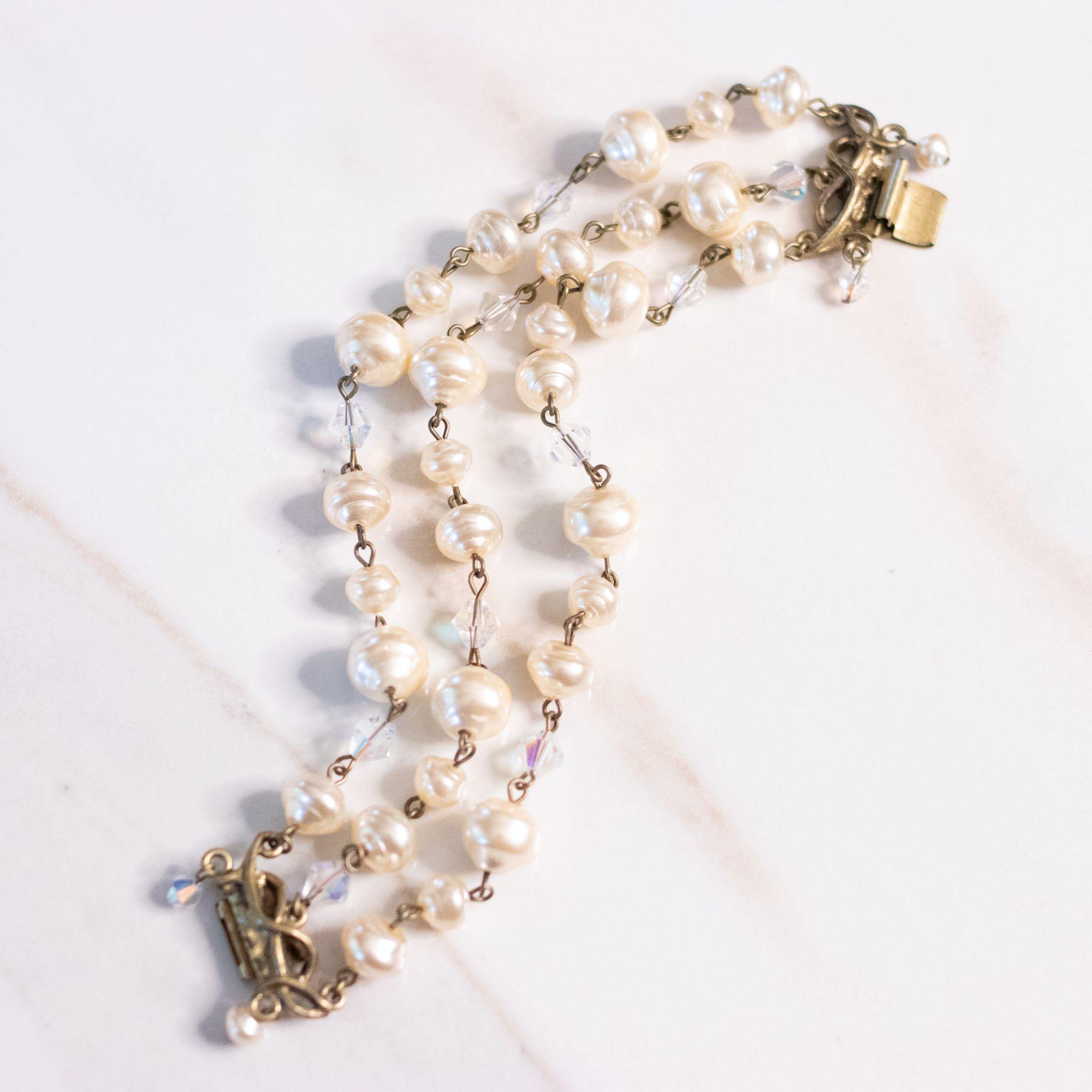 Vintage Sweet Romance Pearl and Crystal Triple Strand Bracelet by Sweet Romance - Vintage Meet Modern Vintage Jewelry - Chicago, Illinois - #oldhollywoodglamour #vintagemeetmodern #designervintage #jewelrybox #antiquejewelry #vintagejewelry