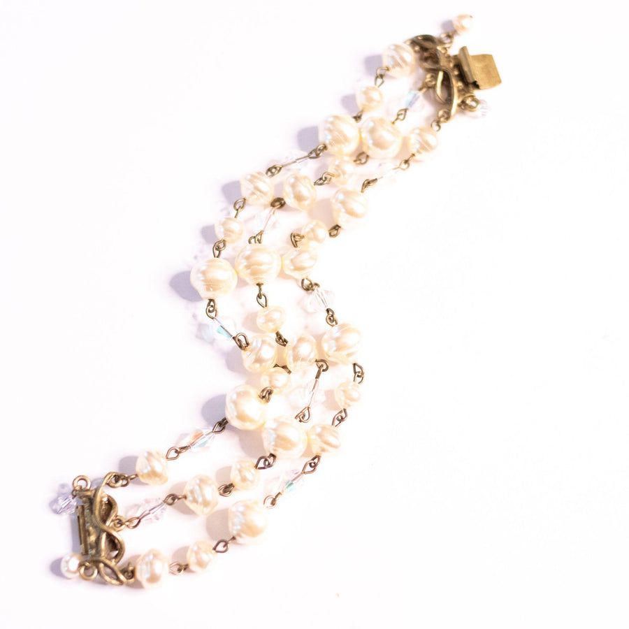 Vintage Sweet Romance Pearl and Crystal Triple Strand Bracelet by Sweet Romance - Vintage Meet Modern Vintage Jewelry - Chicago, Illinois - #oldhollywoodglamour #vintagemeetmodern #designervintage #jewelrybox #antiquejewelry #vintagejewelry