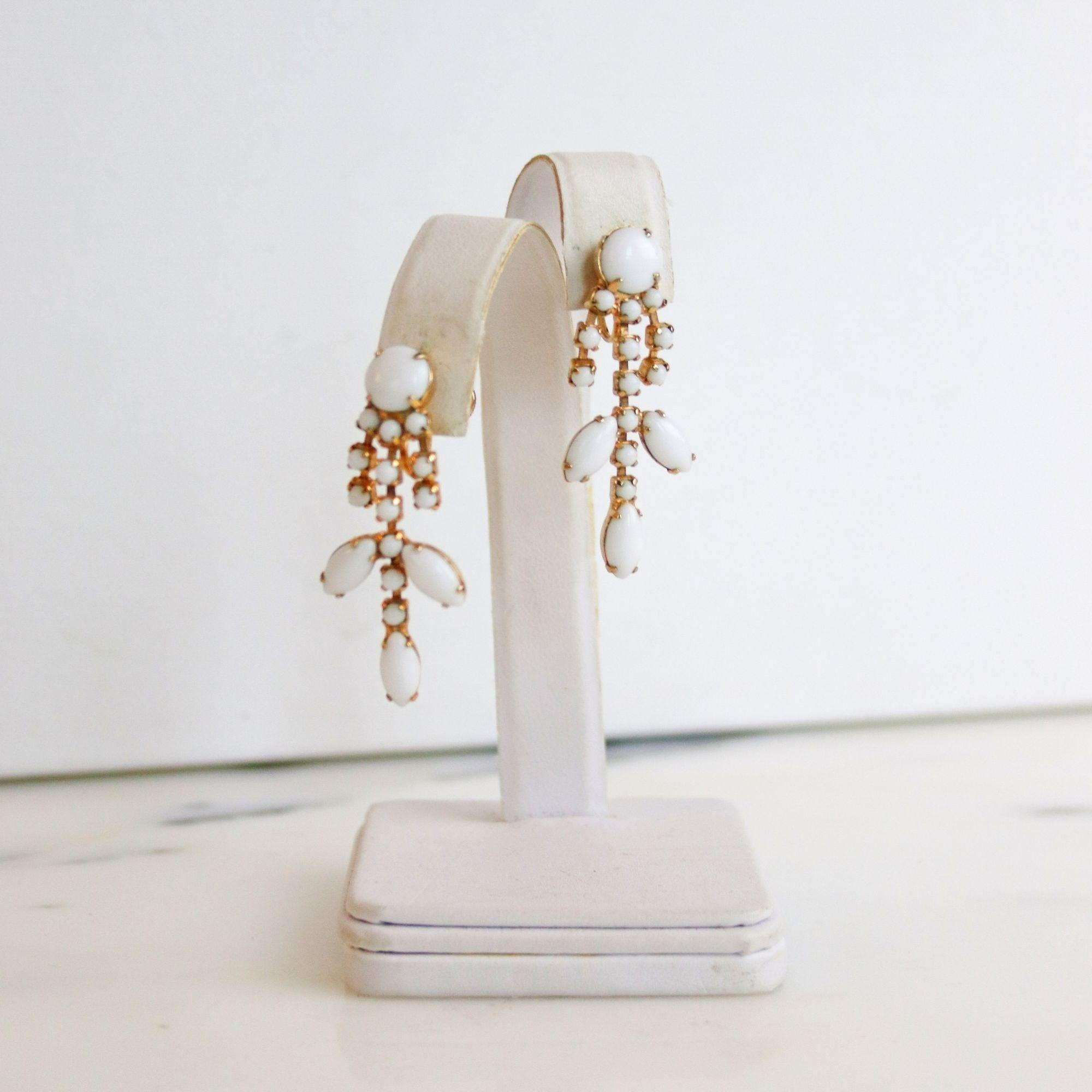 Vintage Milk Glass Rhinestone Statement Earrings by Unsigned Beauty - Vintage Meet Modern Vintage Jewelry - Chicago, Illinois - #oldhollywoodglamour #vintagemeetmodern #designervintage #jewelrybox #antiquejewelry #vintagejewelry