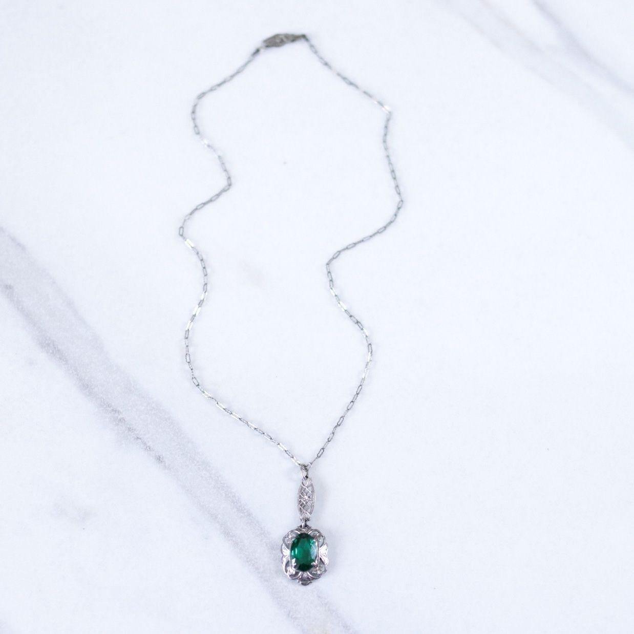 Vintage Edwardian Filigree Sterling Silver Pendant Necklace with Emerald Crystal by Unsigned Beauty - Vintage Meet Modern Vintage Jewelry - Chicago, Illinois - #oldhollywoodglamour #vintagemeetmodern #designervintage #jewelrybox #antiquejewelry #vintagejewelry