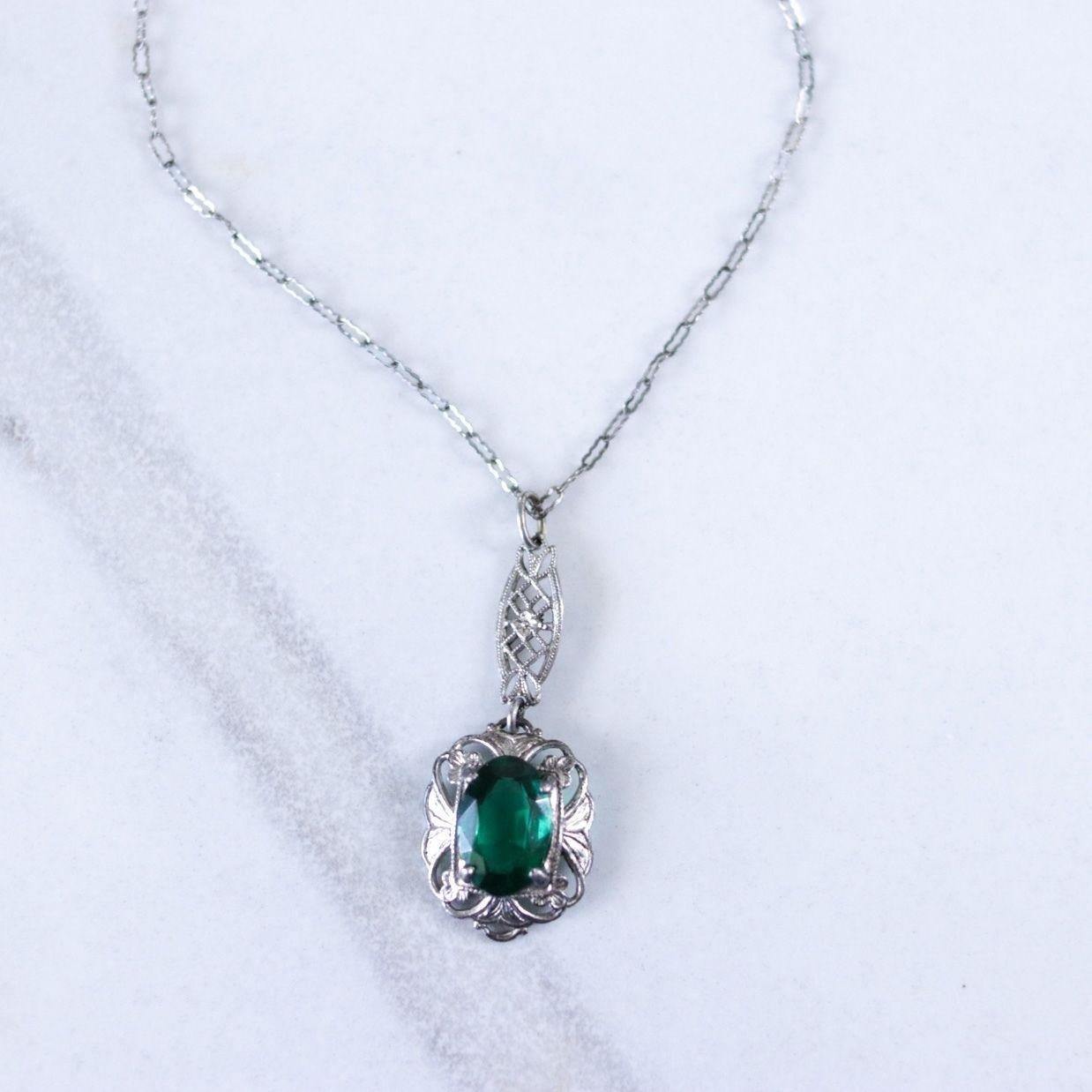 Vintage Edwardian Filigree Sterling Silver Pendant Necklace with Emerald Crystal by Unsigned Beauty - Vintage Meet Modern Vintage Jewelry - Chicago, Illinois - #oldhollywoodglamour #vintagemeetmodern #designervintage #jewelrybox #antiquejewelry #vintagejewelry