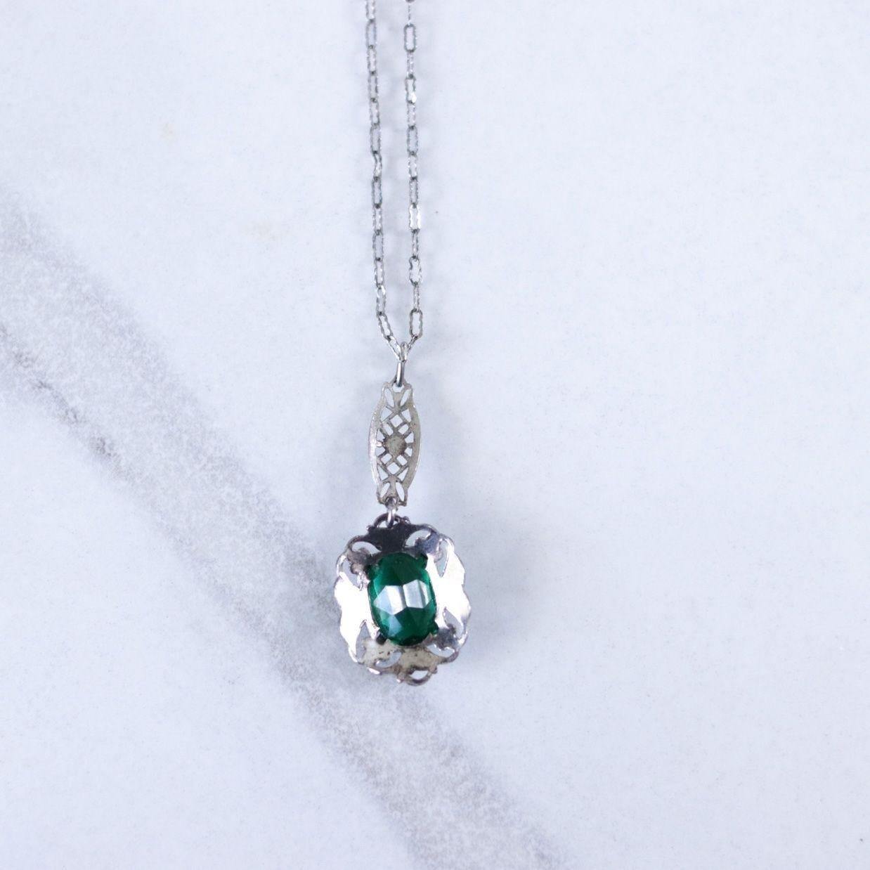 Vintage Edwardian Filigree Sterling Silver Pendant Necklace with Emerald Crystal by Unsigned Beauty - Vintage Meet Modern Vintage Jewelry - Chicago, Illinois - #oldhollywoodglamour #vintagemeetmodern #designervintage #jewelrybox #antiquejewelry #vintagejewelry