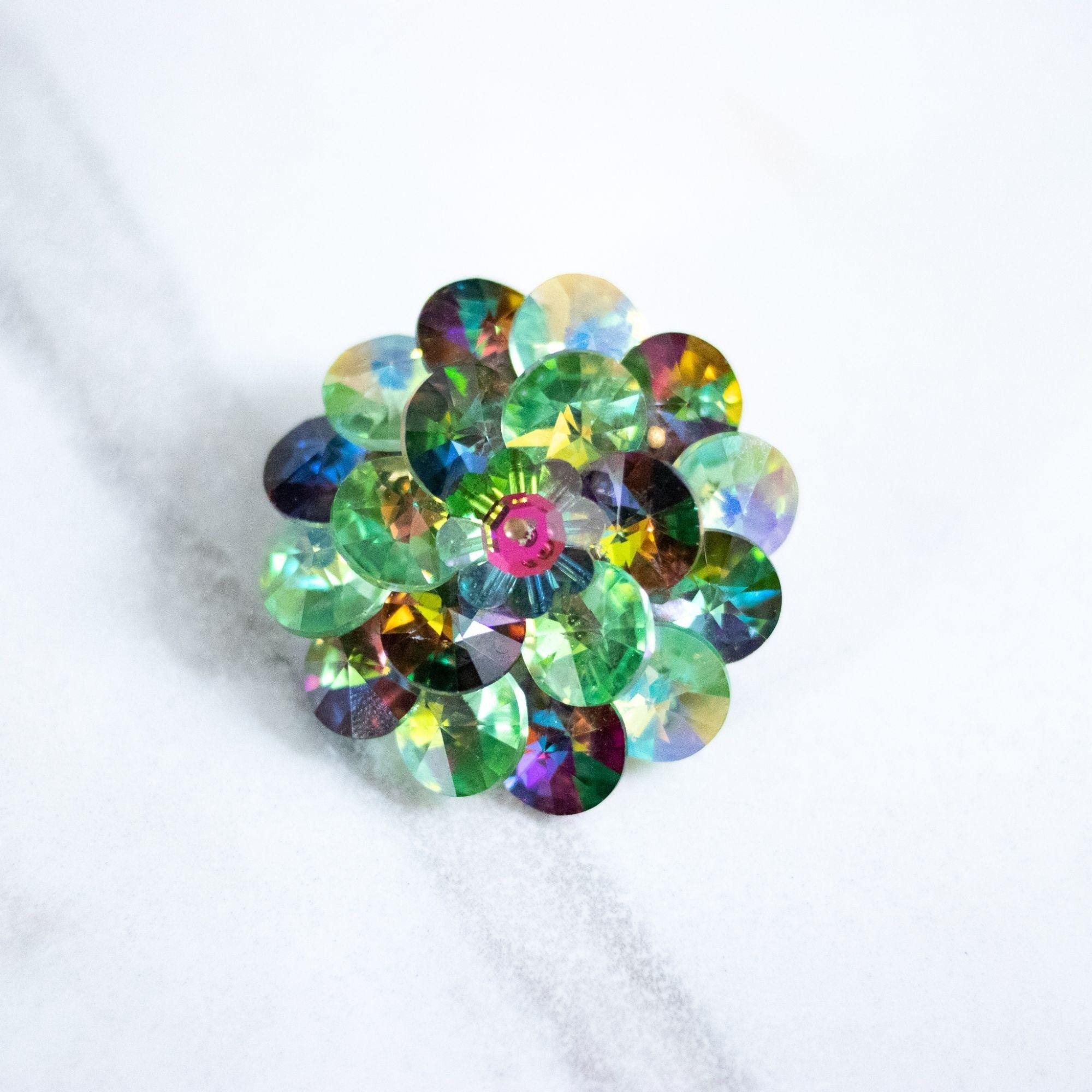 Vintage Green and Purple Rivoli Rhinestone Cluster Brooch by Unsigned Beauty - Vintage Meet Modern Vintage Jewelry - Chicago, Illinois - #oldhollywoodglamour #vintagemeetmodern #designervintage #jewelrybox #antiquejewelry #vintagejewelry