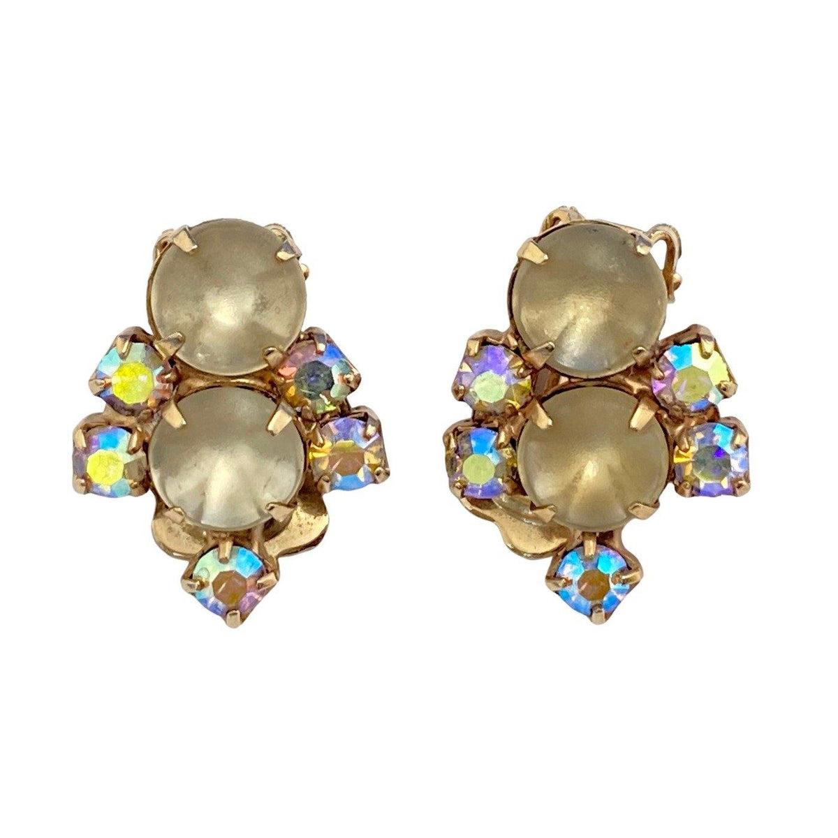 Vintage Champagne Cabochon and Aurora Borealis Earrings