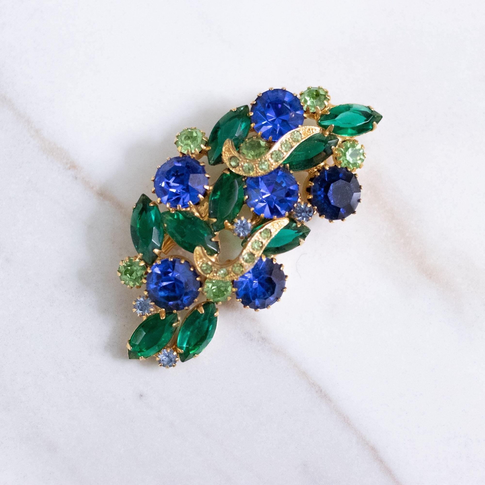 Vintage Bright Blue and Shades of Green Rhinestone Brooch by Unsigned Beauty - Vintage Meet Modern Vintage Jewelry - Chicago, Illinois - #oldhollywoodglamour #vintagemeetmodern #designervintage #jewelrybox #antiquejewelry #vintagejewelry