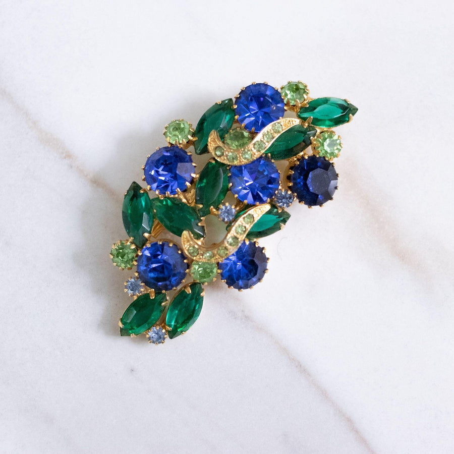 Vintage Bright Blue and Shades of Green Rhinestone Brooch by Unsigned Beauty - Vintage Meet Modern Vintage Jewelry - Chicago, Illinois - #oldhollywoodglamour #vintagemeetmodern #designervintage #jewelrybox #antiquejewelry #vintagejewelry