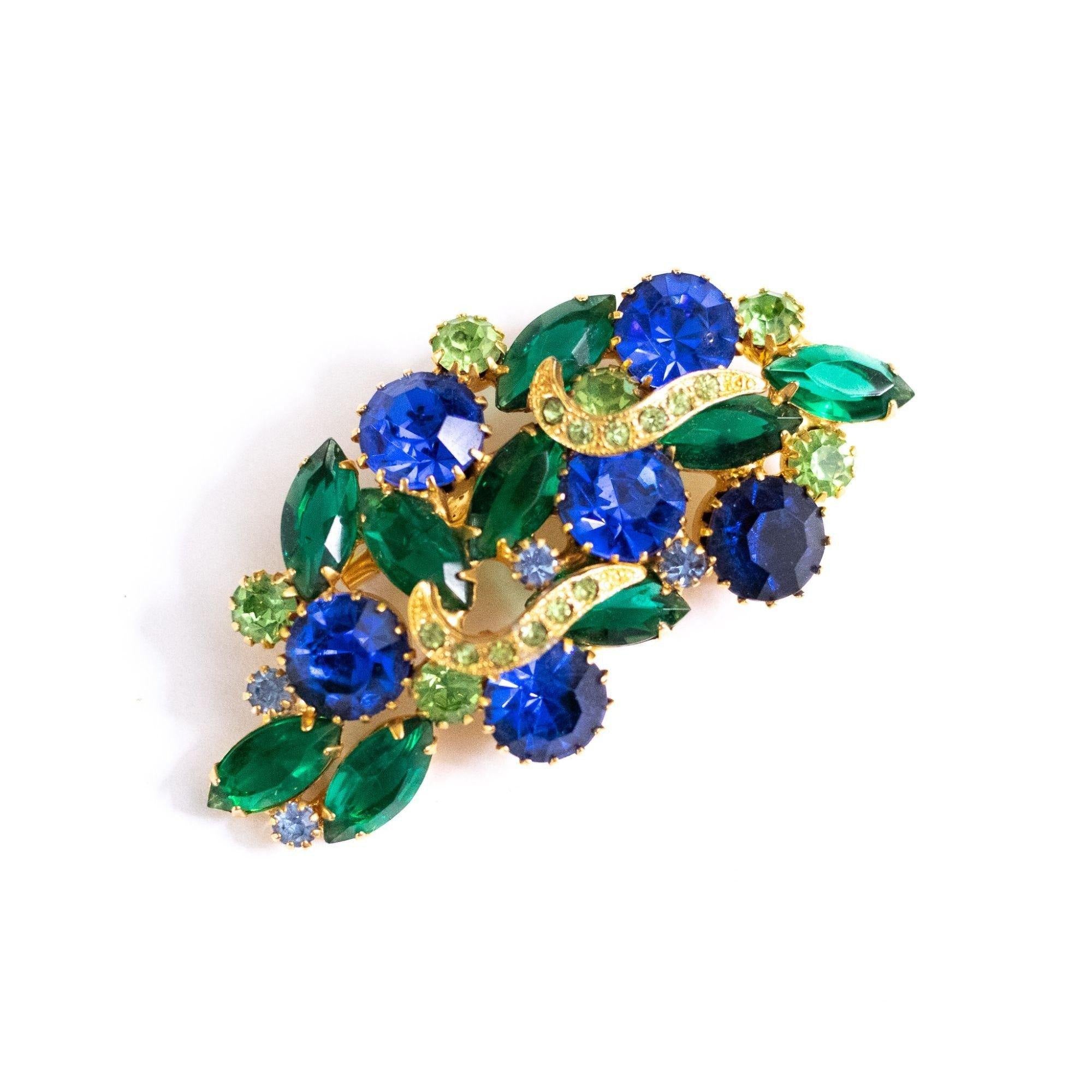 Vintage Bright Blue and Shades of Green Rhinestone Brooch by Unsigned Beauty - Vintage Meet Modern Vintage Jewelry - Chicago, Illinois - #oldhollywoodglamour #vintagemeetmodern #designervintage #jewelrybox #antiquejewelry #vintagejewelry