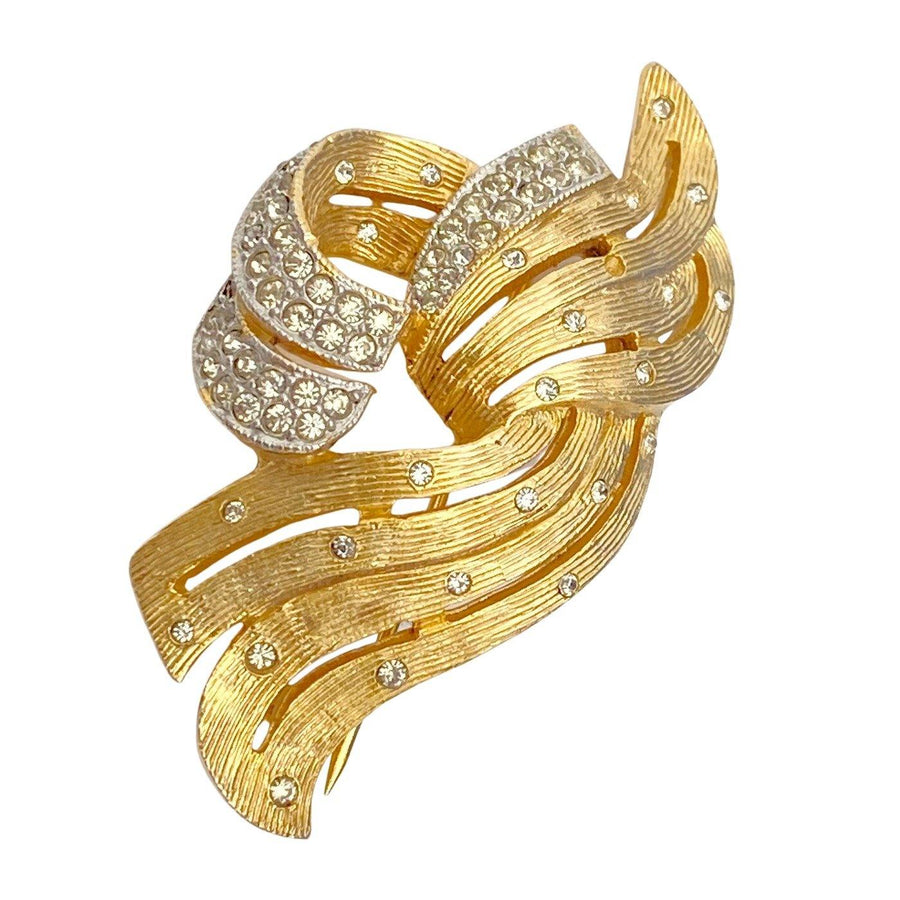 Vintage 1940s Gold Wave Brooch with Pave Set Rhinestones by Patent Signed - Vintage Meet Modern Vintage Jewelry - Chicago, Illinois - #oldhollywoodglamour #vintagemeetmodern #designervintage #jewelrybox #antiquejewelry #vintagejewelry