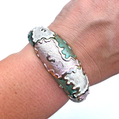 Vintage Silver and Gold Pastel Bangle Bracelet by Unsigned Beauty - Vintage Meet Modern Vintage Jewelry - Chicago, Illinois - #oldhollywoodglamour #vintagemeetmodern #designervintage #jewelrybox #antiquejewelry #vintagejewelry
