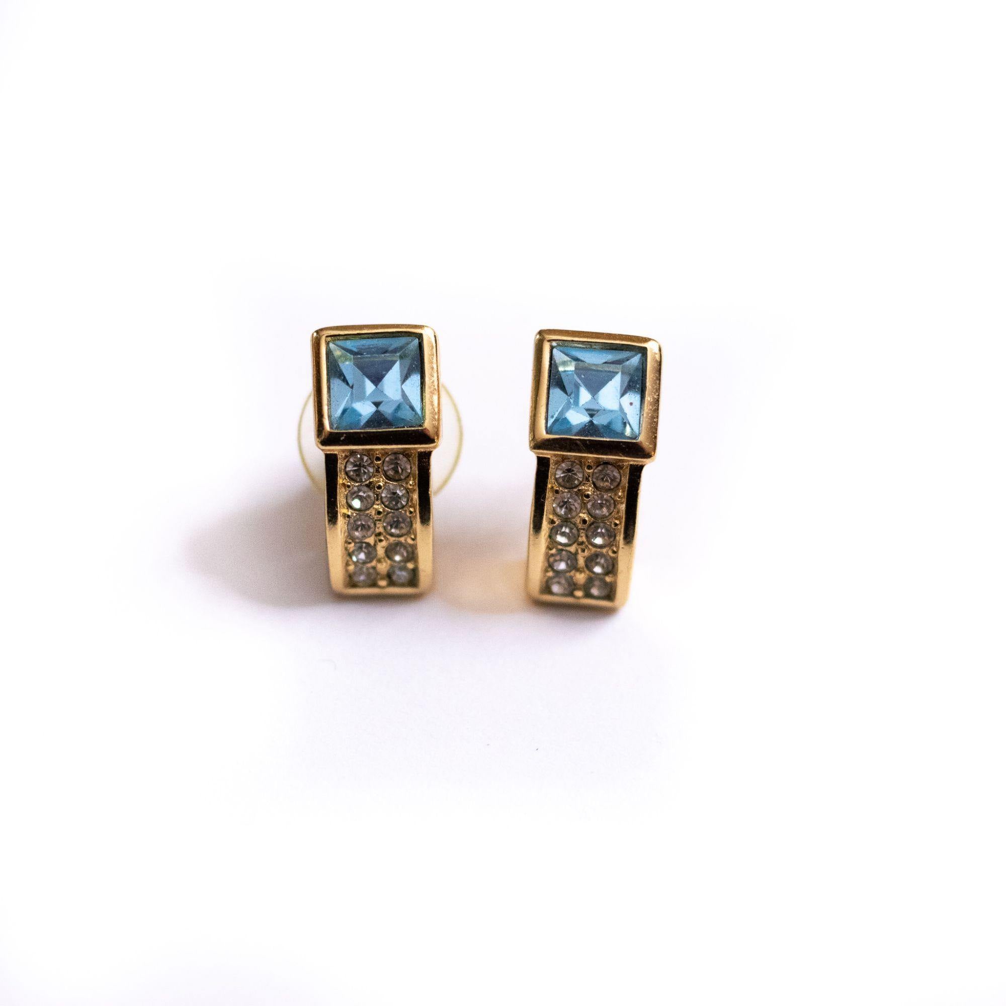 Vintage 1980s Swarovski Blue Crystal and Pave Diamante Rhinestone Earrings by Swarovski - Vintage Meet Modern Vintage Jewelry - Chicago, Illinois - #oldhollywoodglamour #vintagemeetmodern #designervintage #jewelrybox #antiquejewelry #vintagejewelry