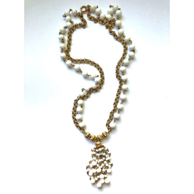 Vintage 1960s Pearl and Aurora Borealis Crystal Tassel Necklace by Unsigned Beauty - Vintage Meet Modern Vintage Jewelry - Chicago, Illinois - #oldhollywoodglamour #vintagemeetmodern #designervintage #jewelrybox #antiquejewelry #vintagejewelry