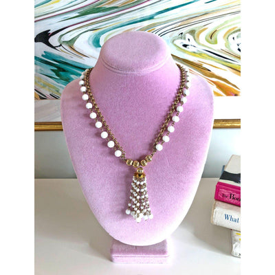 Vintage 1960s Pearl and Aurora Borealis Crystal Tassel Necklace by Unsigned Beauty - Vintage Meet Modern Vintage Jewelry - Chicago, Illinois - #oldhollywoodglamour #vintagemeetmodern #designervintage #jewelrybox #antiquejewelry #vintagejewelry