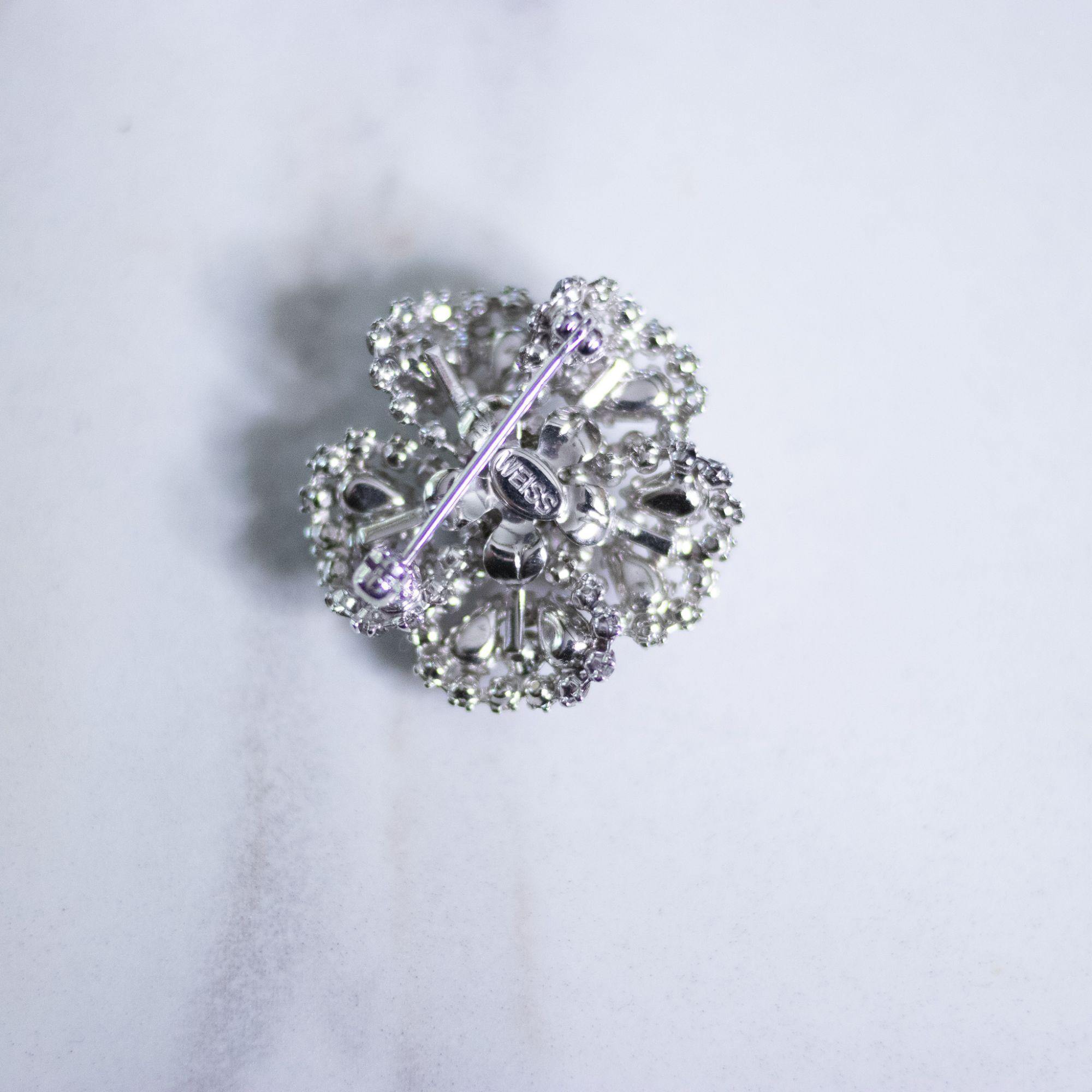 Vintage Weiss Petite Purple and Diamante Rhinestone Flower Brooch by Weiss - Vintage Meet Modern Vintage Jewelry - Chicago, Illinois - #oldhollywoodglamour #vintagemeetmodern #designervintage #jewelrybox #antiquejewelry #vintagejewelry