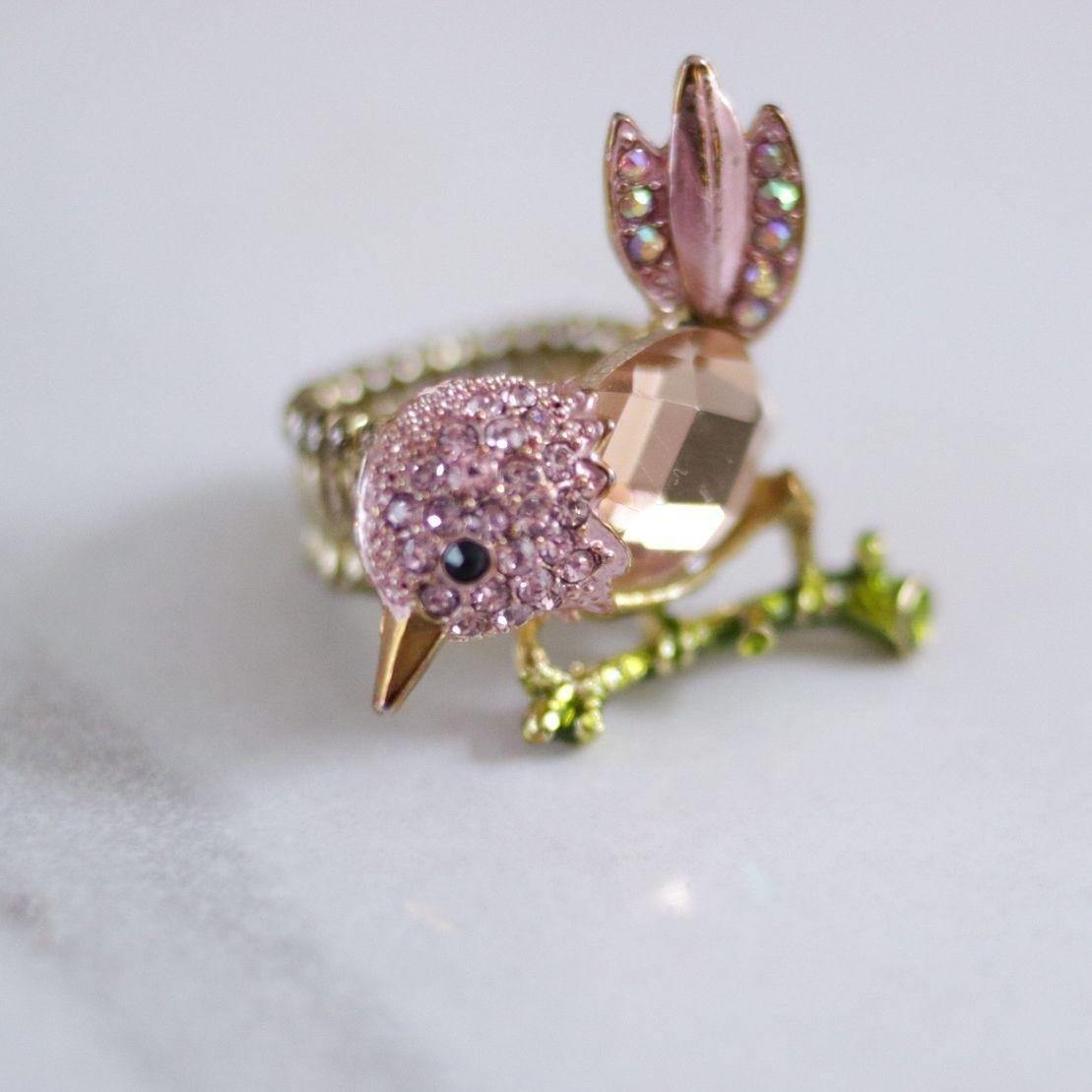 Vintage Meet Modern Pink Rhinestone Birdie Ring by Unsigned Beauty - Vintage Meet Modern Vintage Jewelry - Chicago, Illinois - #oldhollywoodglamour #vintagemeetmodern #designervintage #jewelrybox #antiquejewelry #vintagejewelry