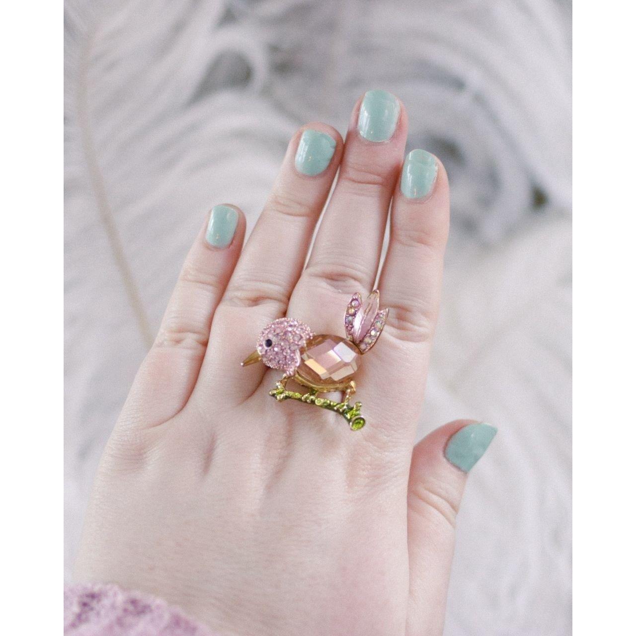 Vintage Meet Modern Pink Rhinestone Birdie Ring by Unsigned Beauty - Vintage Meet Modern Vintage Jewelry - Chicago, Illinois - #oldhollywoodglamour #vintagemeetmodern #designervintage #jewelrybox #antiquejewelry #vintagejewelry