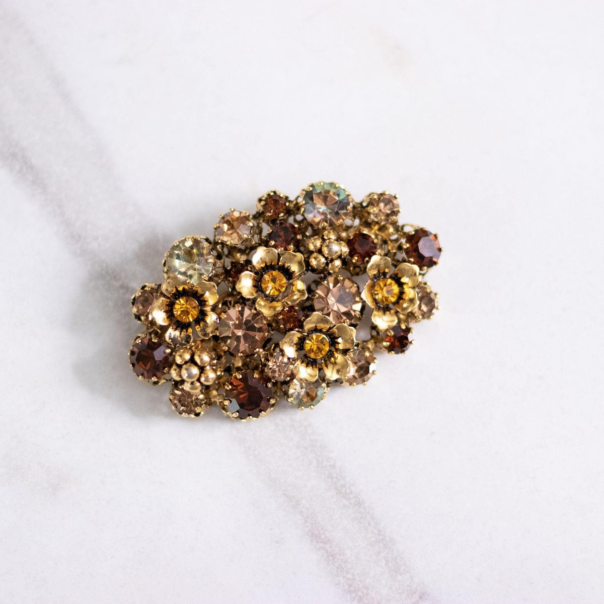 Vintage Made In Austria Yellow Diamante and Amber Rhinestone Brooch