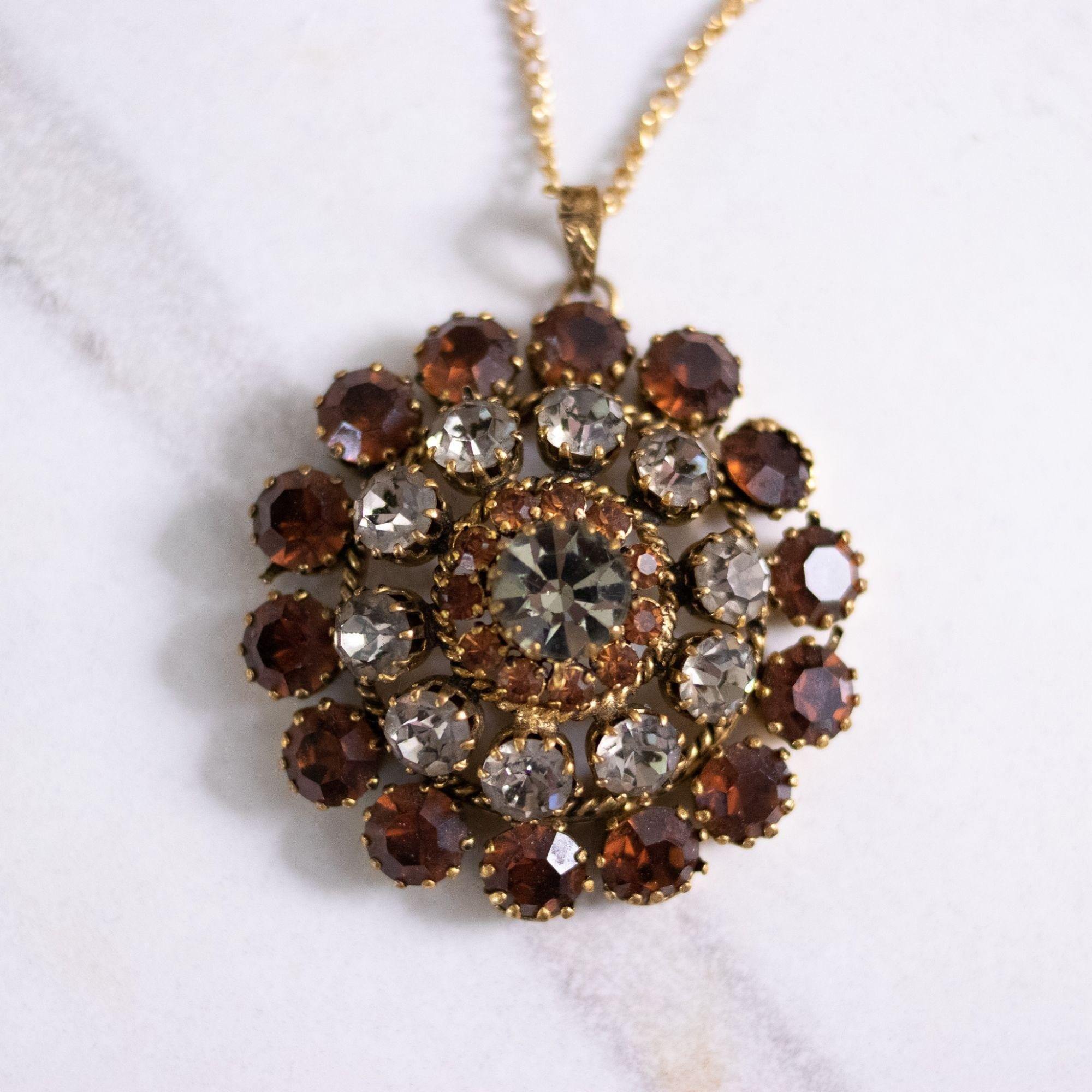 Vintage Amber and Smokey Rhinestone Medallion Pendant Necklace by Vintage Meet Modern - Vintage Meet Modern Vintage Jewelry - Chicago, Illinois - #oldhollywoodglamour #vintagemeetmodern #designervintage #jewelrybox #antiquejewelry #vintagejewelry