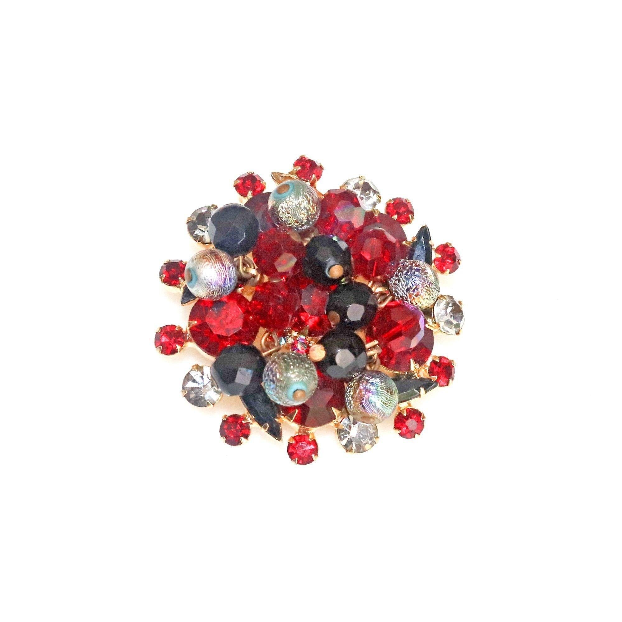 Vintage Juliana Red, Jet, Aurora Borealis Cha Cha Brooch by Juliana - Vintage Meet Modern Vintage Jewelry - Chicago, Illinois - #oldhollywoodglamour #vintagemeetmodern #designervintage #jewelrybox #antiquejewelry #vintagejewelry