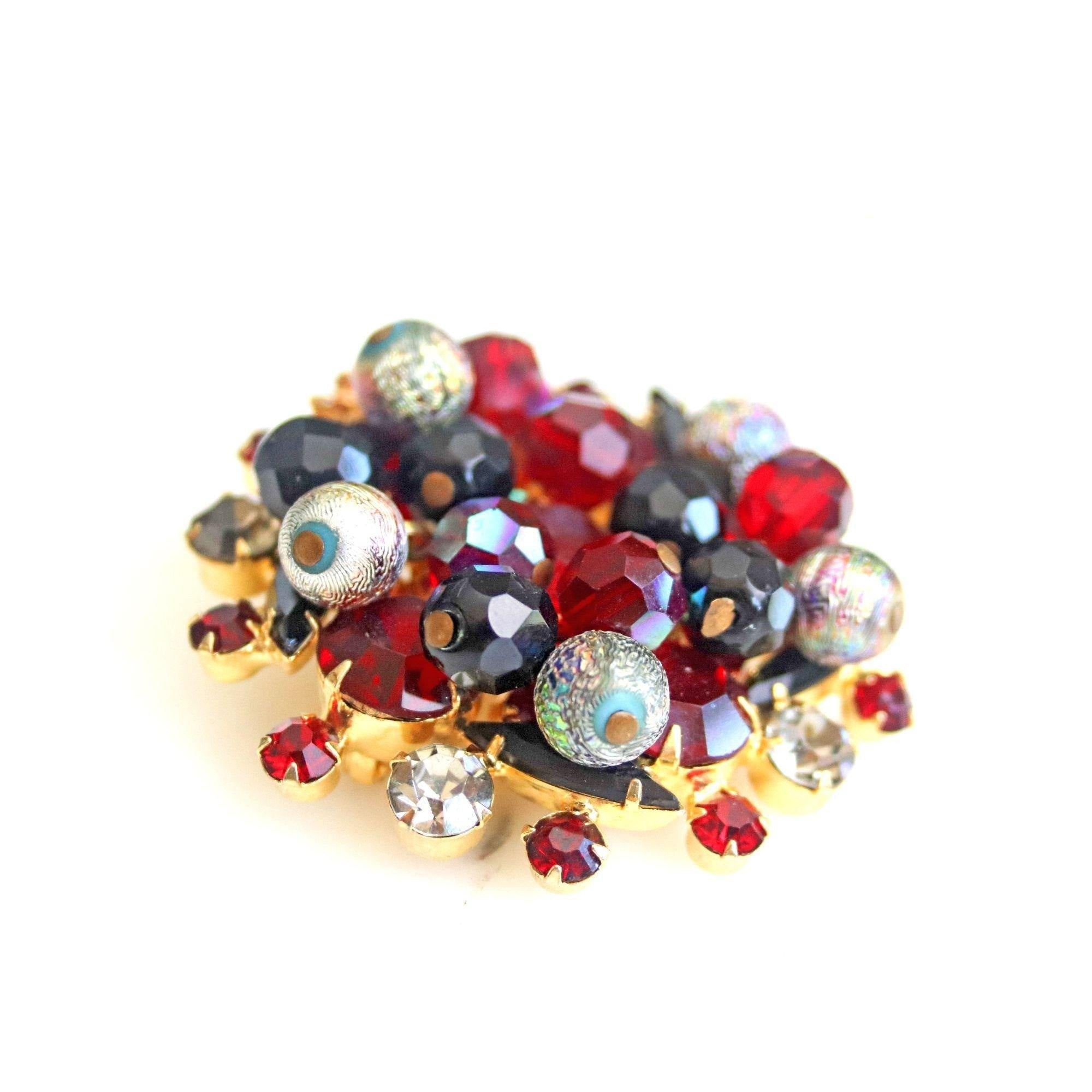 Vintage Juliana Red, Jet, Aurora Borealis Cha Cha Brooch by Juliana - Vintage Meet Modern Vintage Jewelry - Chicago, Illinois - #oldhollywoodglamour #vintagemeetmodern #designervintage #jewelrybox #antiquejewelry #vintagejewelry
