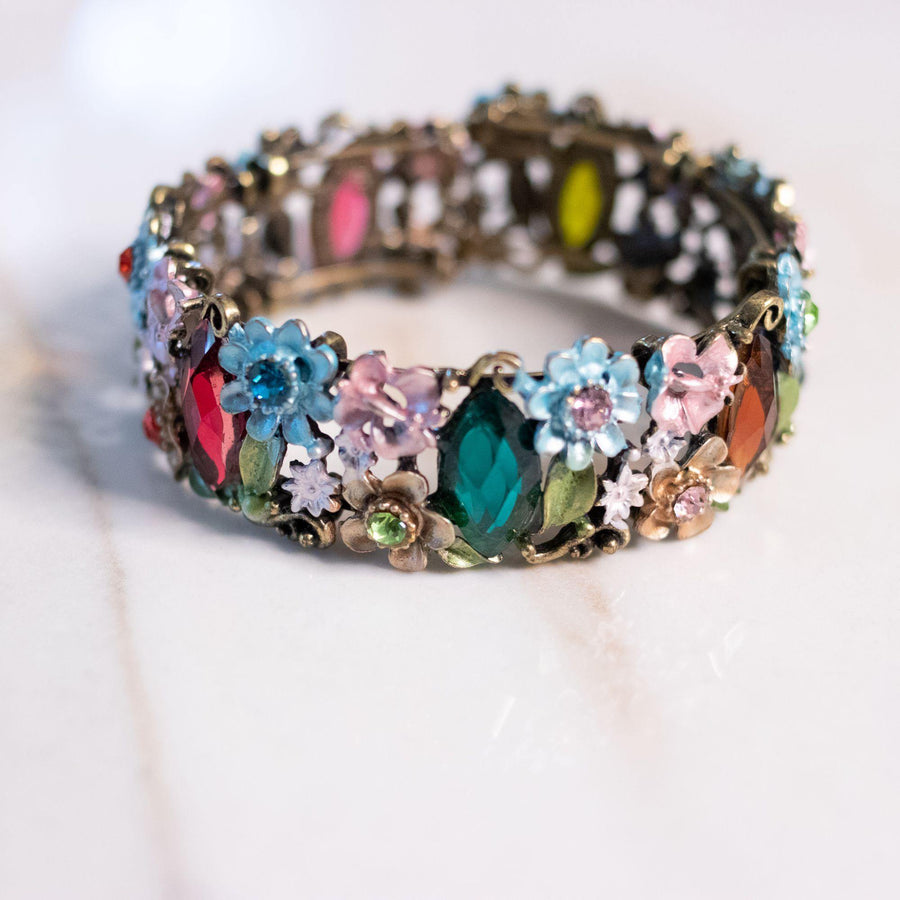 Vintage Colorful Rhinestone and Floral Bangle Bracelet by Unsigned Beauty - Vintage Meet Modern Vintage Jewelry - Chicago, Illinois - #oldhollywoodglamour #vintagemeetmodern #designervintage #jewelrybox #antiquejewelry #vintagejewelry
