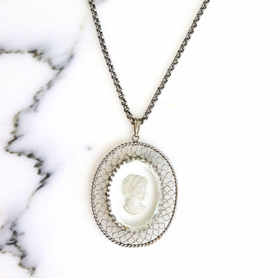 Vintage Whiting and Davis Etched Crystal Cameo Pendant Necklace by Whiting and Davis - Vintage Meet Modern Vintage Jewelry - Chicago, Illinois - #oldhollywoodglamour #vintagemeetmodern #designervintage #jewelrybox #antiquejewelry #vintagejewelry