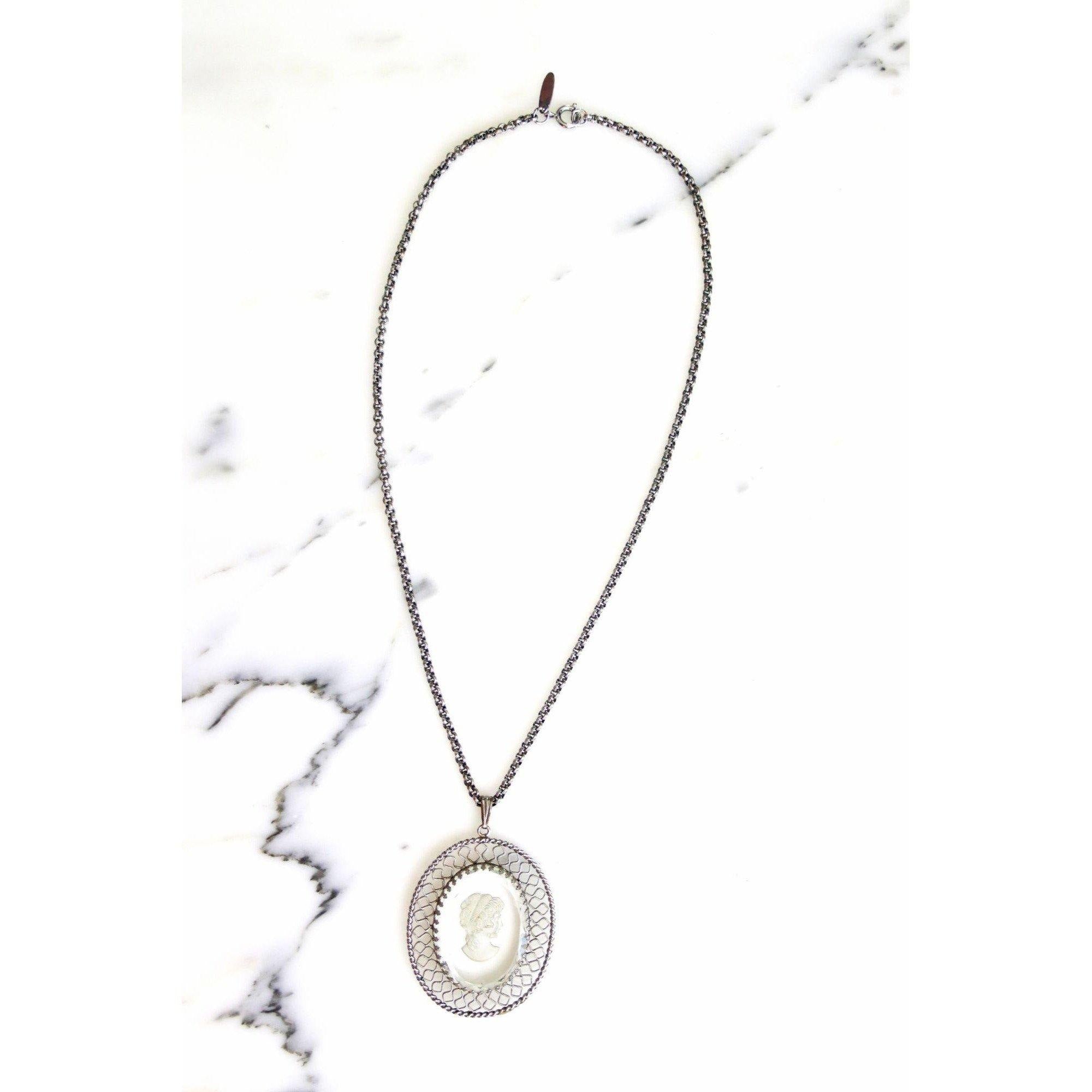 Vintage Whiting and Davis Etched Crystal Cameo Pendant Necklace by Whiting and Davis - Vintage Meet Modern Vintage Jewelry - Chicago, Illinois - #oldhollywoodglamour #vintagemeetmodern #designervintage #jewelrybox #antiquejewelry #vintagejewelry