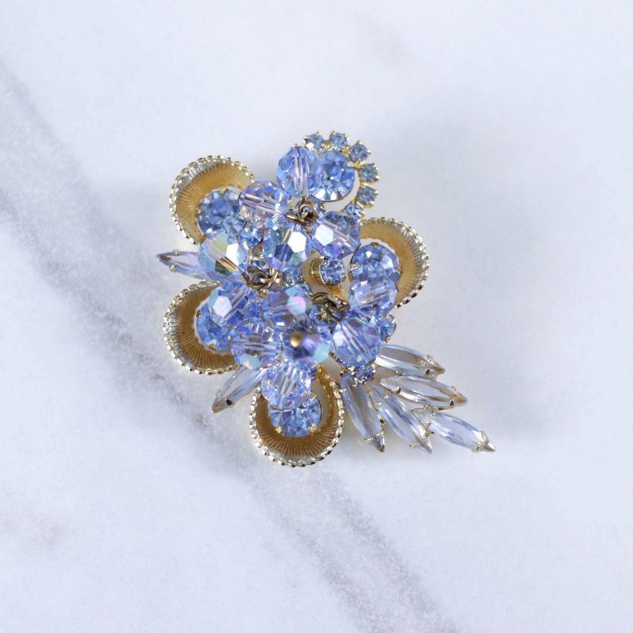 Vintage Light Blue Aurora Borealis Cha Cha Cluster Brooch by Unsigned Beauty - Vintage Meet Modern Vintage Jewelry - Chicago, Illinois - #oldhollywoodglamour #vintagemeetmodern #designervintage #jewelrybox #antiquejewelry #vintagejewelry