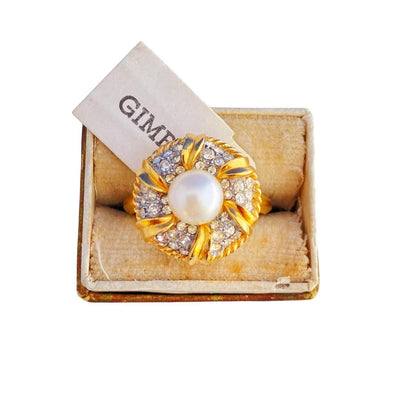 Vintage Crown Trifari Pearl and Diamante Rhinestone Ring by Crown Trifari - Vintage Meet Modern Vintage Jewelry - Chicago, Illinois - #oldhollywoodglamour #vintagemeetmodern #designervintage #jewelrybox #antiquejewelry #vintagejewelry