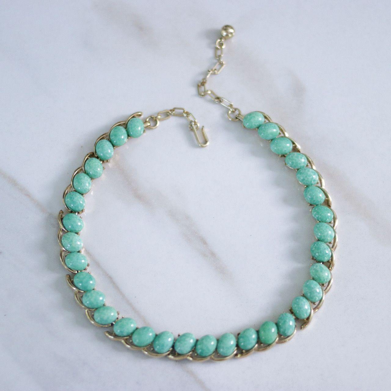 Vintage Crown Trifari Jade Glass Necklace by Crown Trifari - Vintage Meet Modern Vintage Jewelry - Chicago, Illinois - #oldhollywoodglamour #vintagemeetmodern #designervintage #jewelrybox #antiquejewelry #vintagejewelry