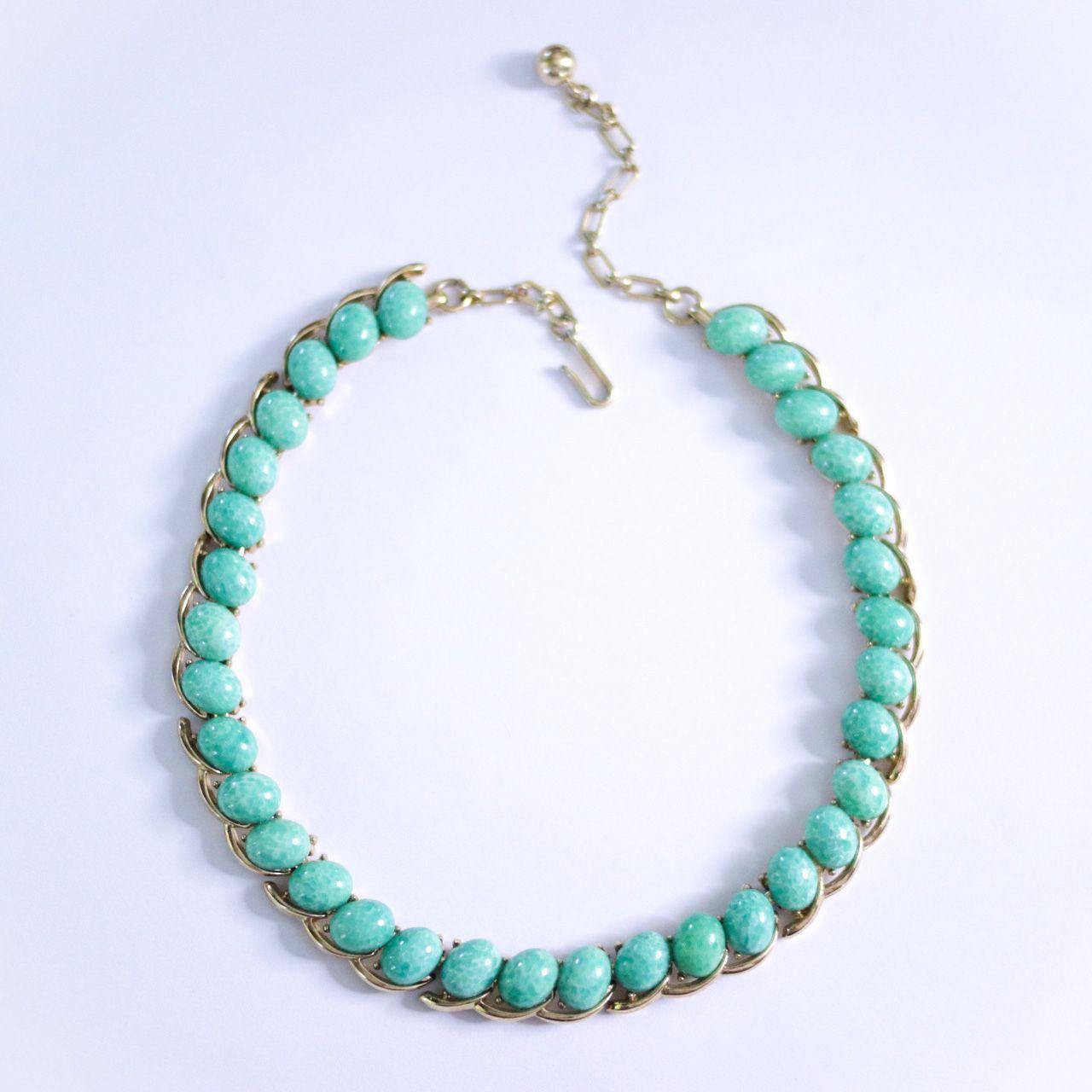 Vintage Crown Trifari Jade Glass Necklace by Crown Trifari - Vintage Meet Modern Vintage Jewelry - Chicago, Illinois - #oldhollywoodglamour #vintagemeetmodern #designervintage #jewelrybox #antiquejewelry #vintagejewelry