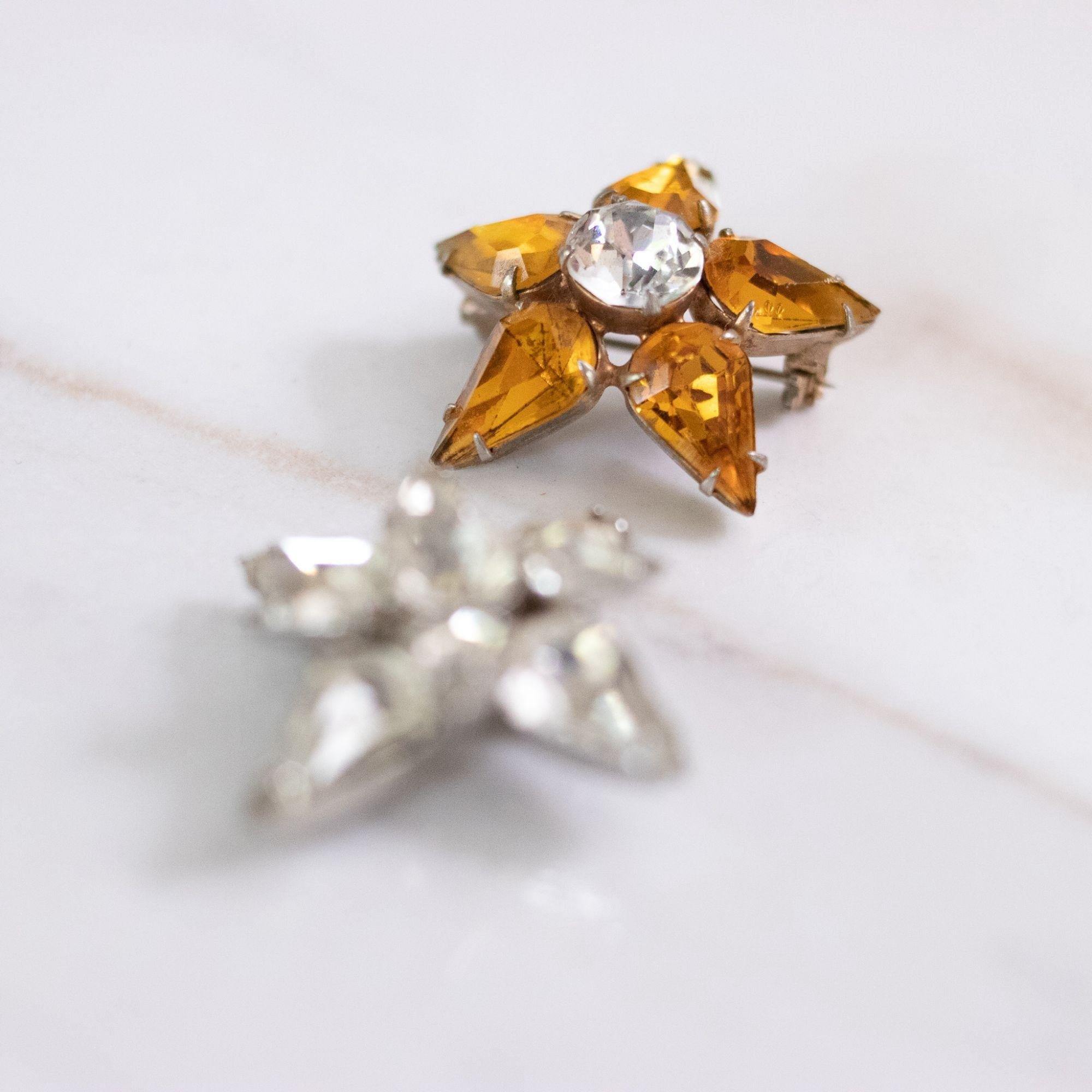 Vintage Amber and Diamante Rhinestone Star Scatter Pin Set by Unsigned Beauty - Vintage Meet Modern Vintage Jewelry - Chicago, Illinois - #oldhollywoodglamour #vintagemeetmodern #designervintage #jewelrybox #antiquejewelry #vintagejewelry