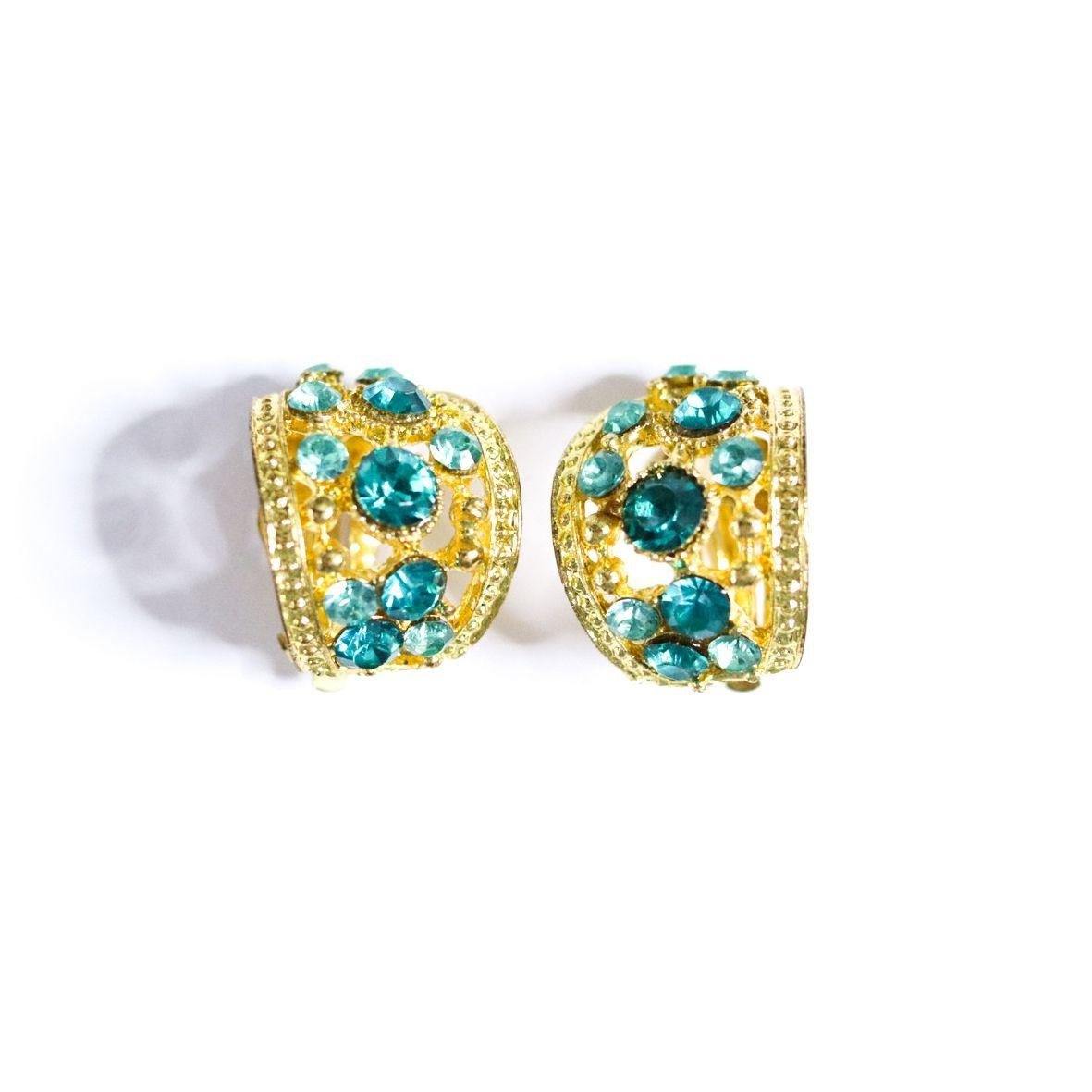 Vintage Gold and Green Rhinestone Huggie Style Statement Earrings by Unsigned Beauty - Vintage Meet Modern Vintage Jewelry - Chicago, Illinois - #oldhollywoodglamour #vintagemeetmodern #designervintage #jewelrybox #antiquejewelry #vintagejewelry