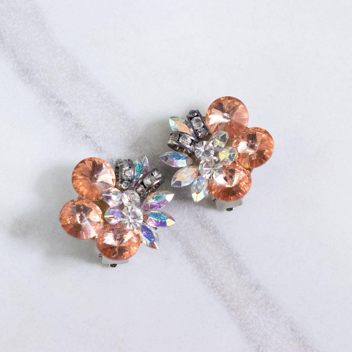 Vintage Peach and Diamante Rhinestone Statement Earrings