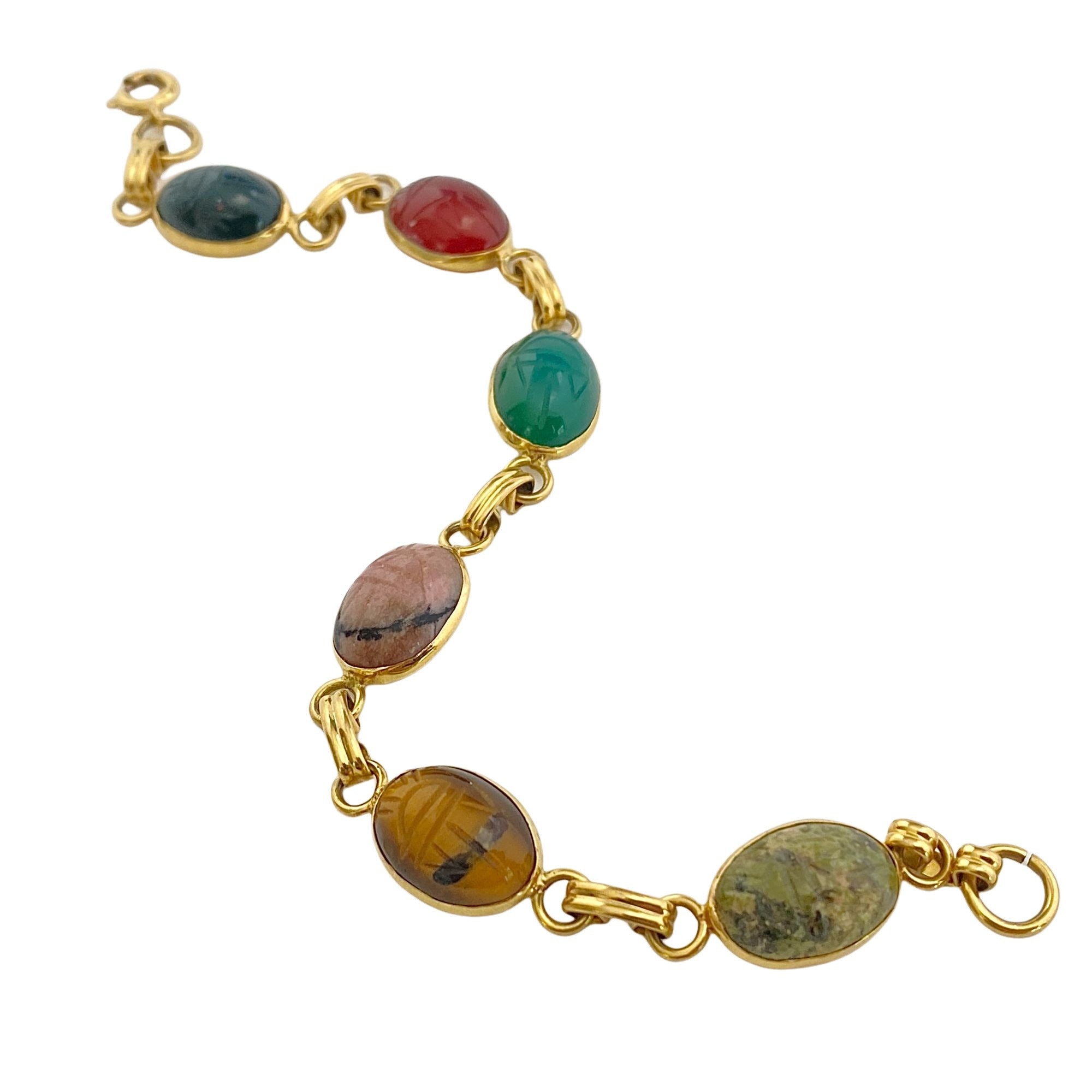 Vintage Gemstone Scarab Bracelet with Agate, Rose Quartz, Carnelian, Jade, Tigers Eye by Unsigned Beauty - Vintage Meet Modern Vintage Jewelry - Chicago, Illinois - #oldhollywoodglamour #vintagemeetmodern #designervintage #jewelrybox #antiquejewelry #vintagejewelry