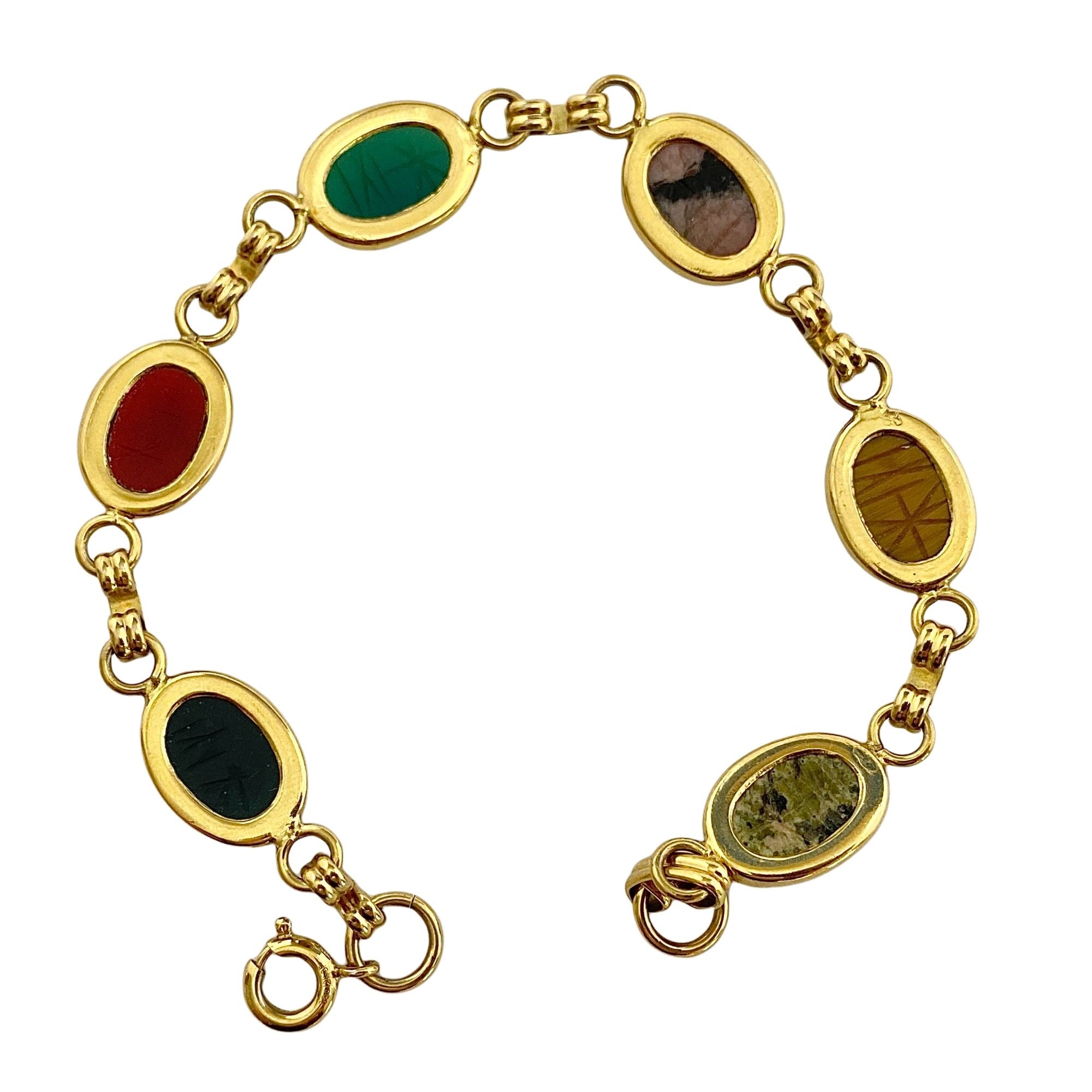 Vintage Gemstone Scarab Bracelet with Agate, Rose Quartz, Carnelian, Jade, Tigers Eye by Unsigned Beauty - Vintage Meet Modern Vintage Jewelry - Chicago, Illinois - #oldhollywoodglamour #vintagemeetmodern #designervintage #jewelrybox #antiquejewelry #vintagejewelry