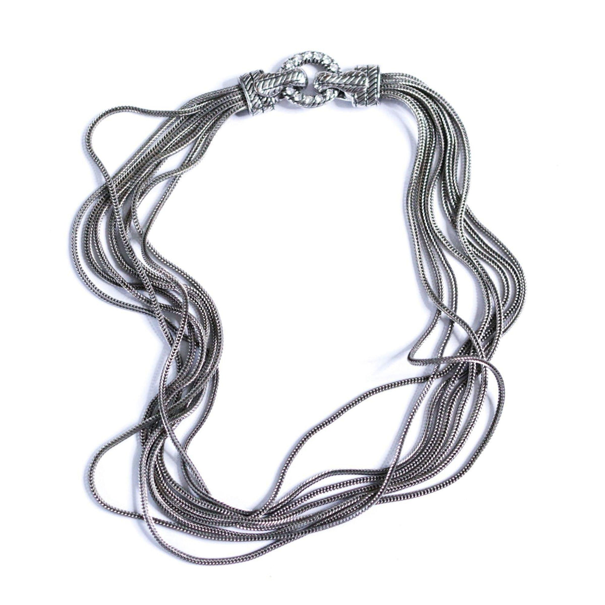 Vintage Silver Multi-Strand Serpentine Chain Necklace with Rhinestone Clasp