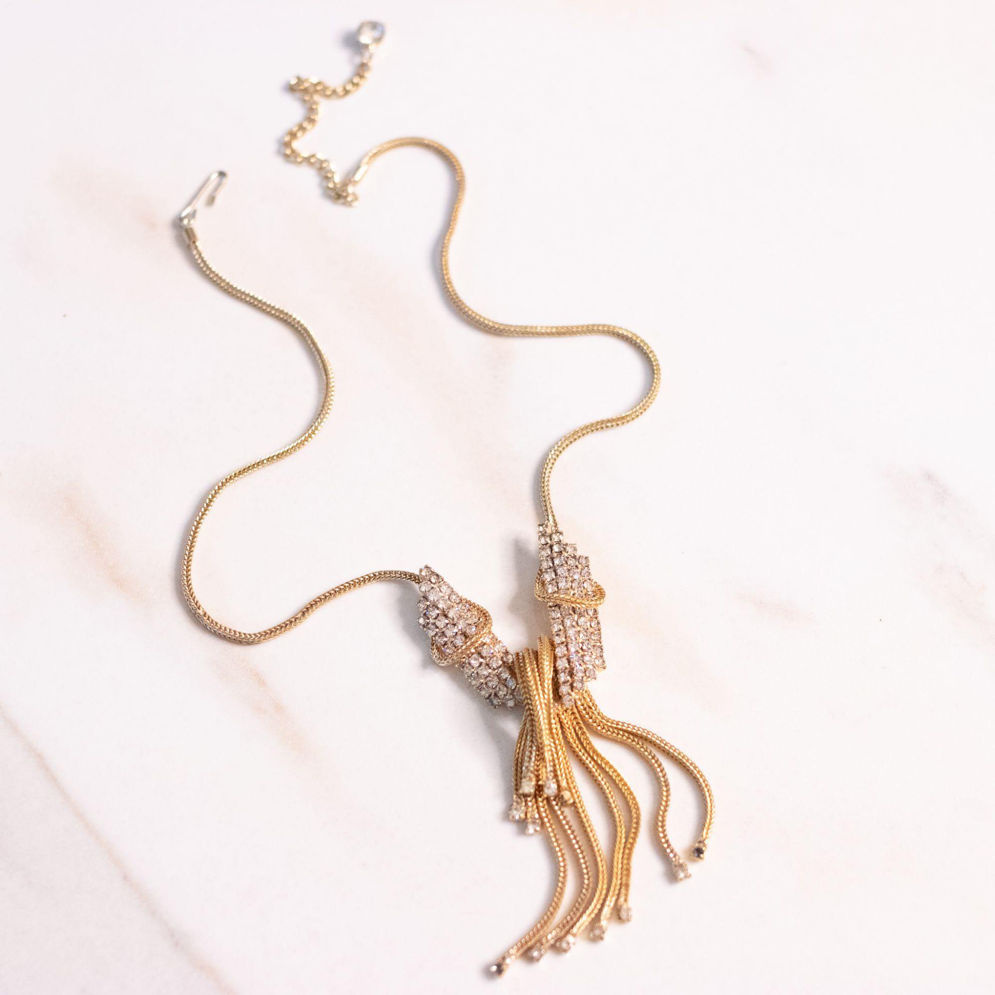 Vintage Gold Tassel Necklace with Rhinestones by Unsigned Beauty - Vintage Meet Modern Vintage Jewelry - Chicago, Illinois - #oldhollywoodglamour #vintagemeetmodern #designervintage #jewelrybox #antiquejewelry #vintagejewelry