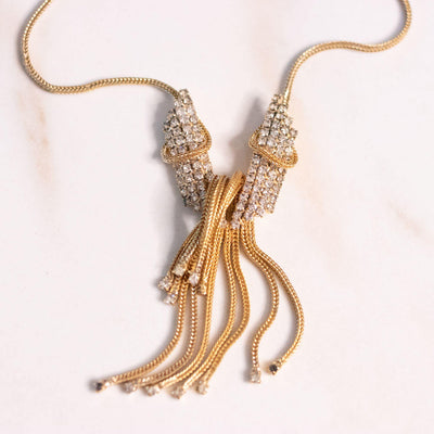 Vintage Gold Tassel Necklace with Rhinestones by Unsigned Beauty - Vintage Meet Modern Vintage Jewelry - Chicago, Illinois - #oldhollywoodglamour #vintagemeetmodern #designervintage #jewelrybox #antiquejewelry #vintagejewelry
