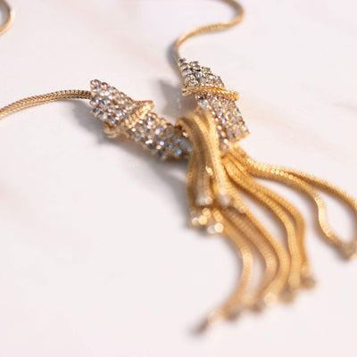 Vintage Gold Tassel Necklace with Rhinestones by Unsigned Beauty - Vintage Meet Modern Vintage Jewelry - Chicago, Illinois - #oldhollywoodglamour #vintagemeetmodern #designervintage #jewelrybox #antiquejewelry #vintagejewelry