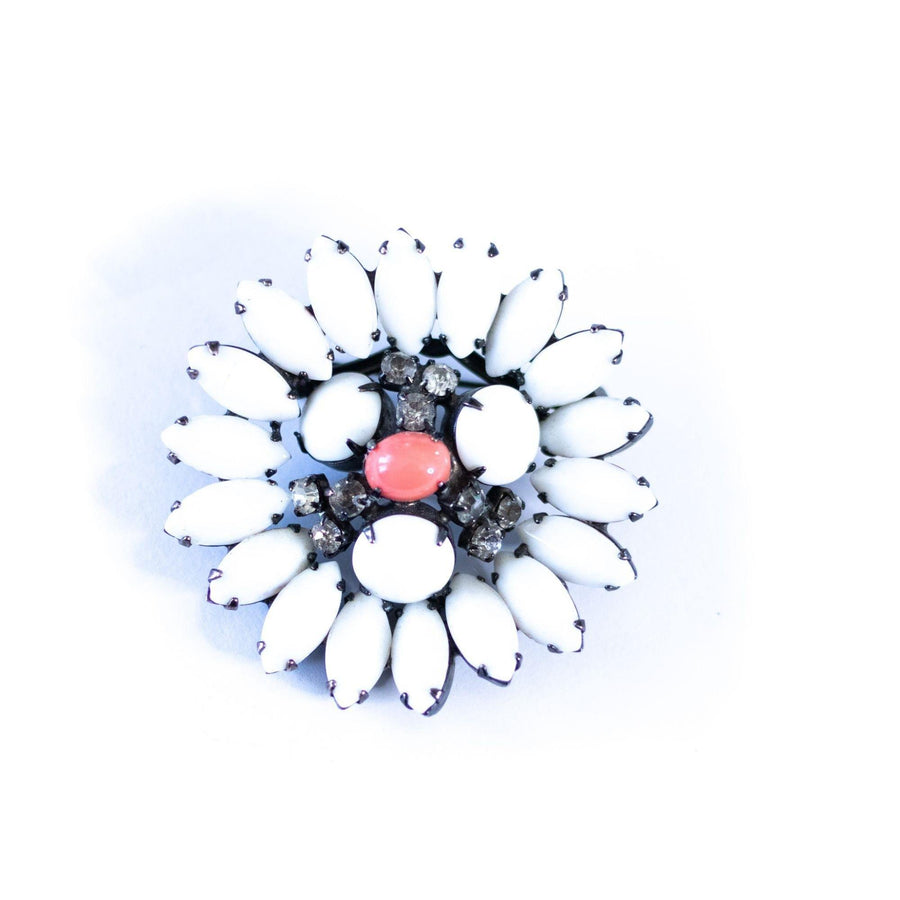 Vintage Milk Glass, Coral Glass, and Diamante  Brooch by Unsigned Beuty - Vintage Meet Modern Vintage Jewelry - Chicago, Illinois - #oldhollywoodglamour #vintagemeetmodern #designervintage #jewelrybox #antiquejewelry #vintagejewelry