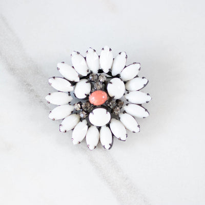 Vintage Milk Glass, Coral Glass, and Diamante  Brooch by Unsigned Beuty - Vintage Meet Modern Vintage Jewelry - Chicago, Illinois - #oldhollywoodglamour #vintagemeetmodern #designervintage #jewelrybox #antiquejewelry #vintagejewelry