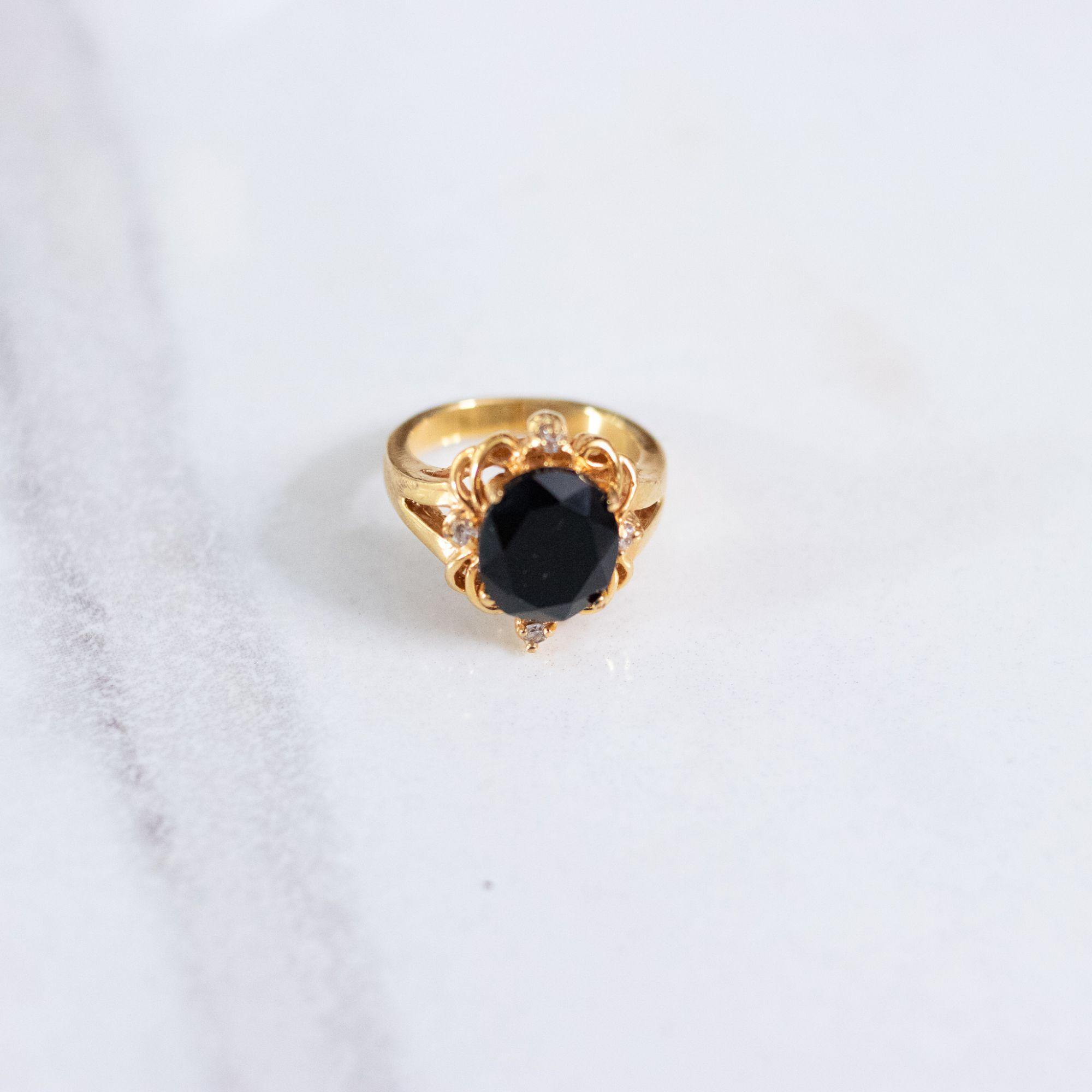 Vintage Jet Crystal Princess Style Cocktail Statement Ring by 18kt Gold Plated - Vintage Meet Modern Vintage Jewelry - Chicago, Illinois - #oldhollywoodglamour #vintagemeetmodern #designervintage #jewelrybox #antiquejewelry #vintagejewelry