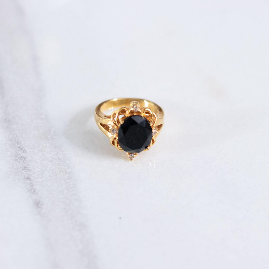 Vintage Jet Crystal Princess Style Cocktail Statement Ring by 18kt Gold Plated - Vintage Meet Modern Vintage Jewelry - Chicago, Illinois - #oldhollywoodglamour #vintagemeetmodern #designervintage #jewelrybox #antiquejewelry #vintagejewelry