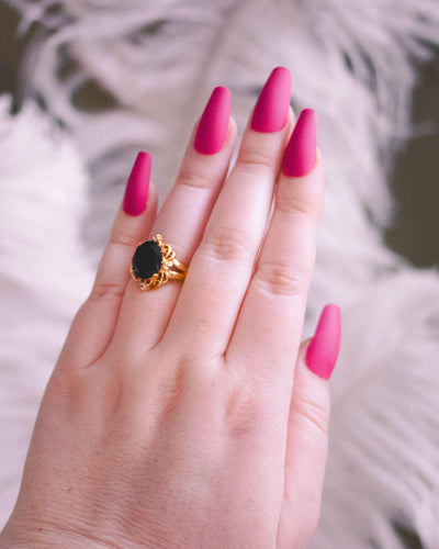 Vintage Jet Crystal Princess Style Cocktail Statement Ring by 18kt Gold Plated - Vintage Meet Modern Vintage Jewelry - Chicago, Illinois - #oldhollywoodglamour #vintagemeetmodern #designervintage #jewelrybox #antiquejewelry #vintagejewelry