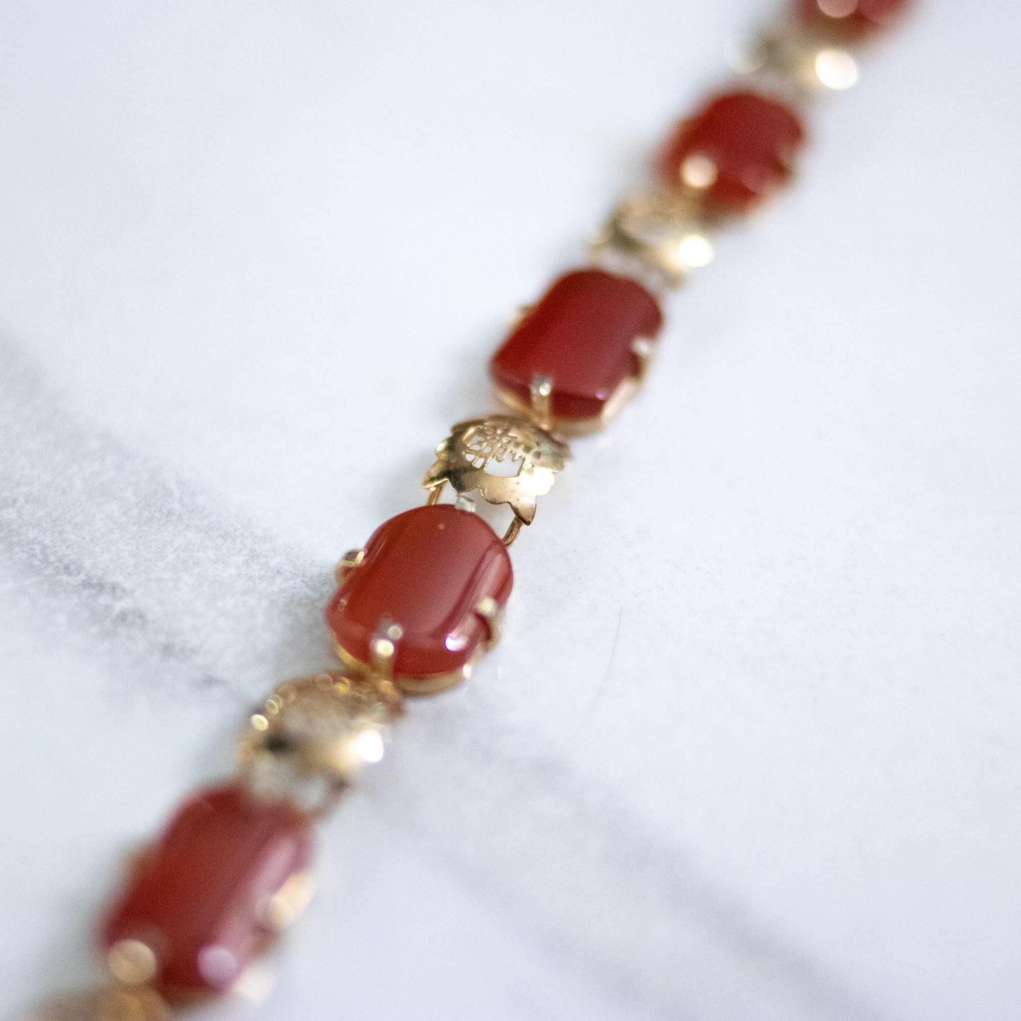 Vintage Genuine Carnelian 18kt Gold over Sterling Silver Tennis Bracelet by Vintage Meet Modern - Vintage Meet Modern Vintage Jewelry - Chicago, Illinois - #oldhollywoodglamour #vintagemeetmodern #designervintage #jewelrybox #antiquejewelry #vintagejewelry